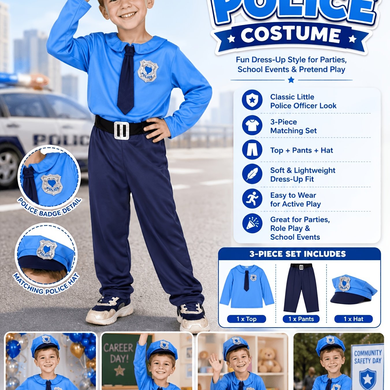 Image of Boys Police Set, Kids Blue Police Officer Dress Up Outfit With Hat And Badge For Halloween Party Role Play
