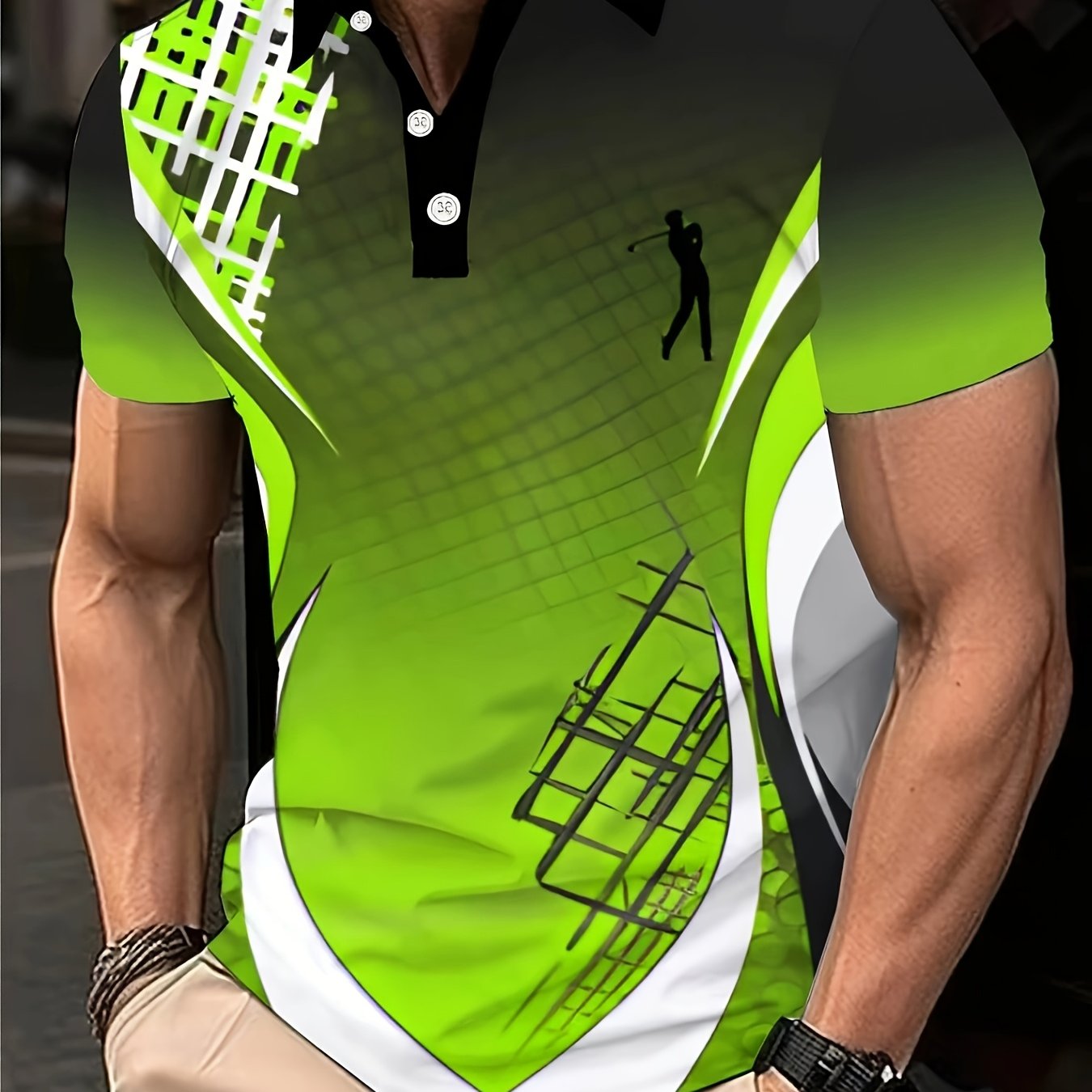 TEMU Men's Casual Sport Short-sleeve Shirt With Geometric Stripes And Golf Pattern Print, Machine-washable Fabric, Breathable Regular Fit, Suitable