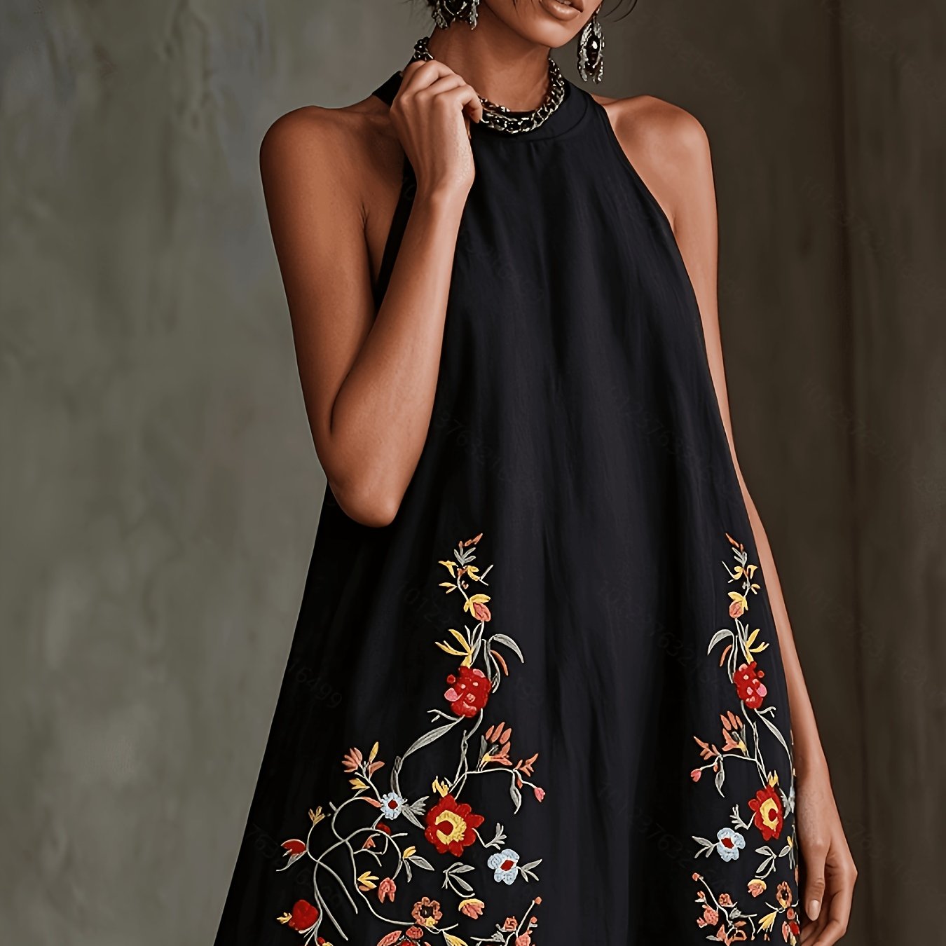 TEMU New Sleeveless Halter Neck Mini Dress With Pockets For Phones, Chinese Style Printed A-line Short Skirt, Elegant, Suitable For Formal Occasions,