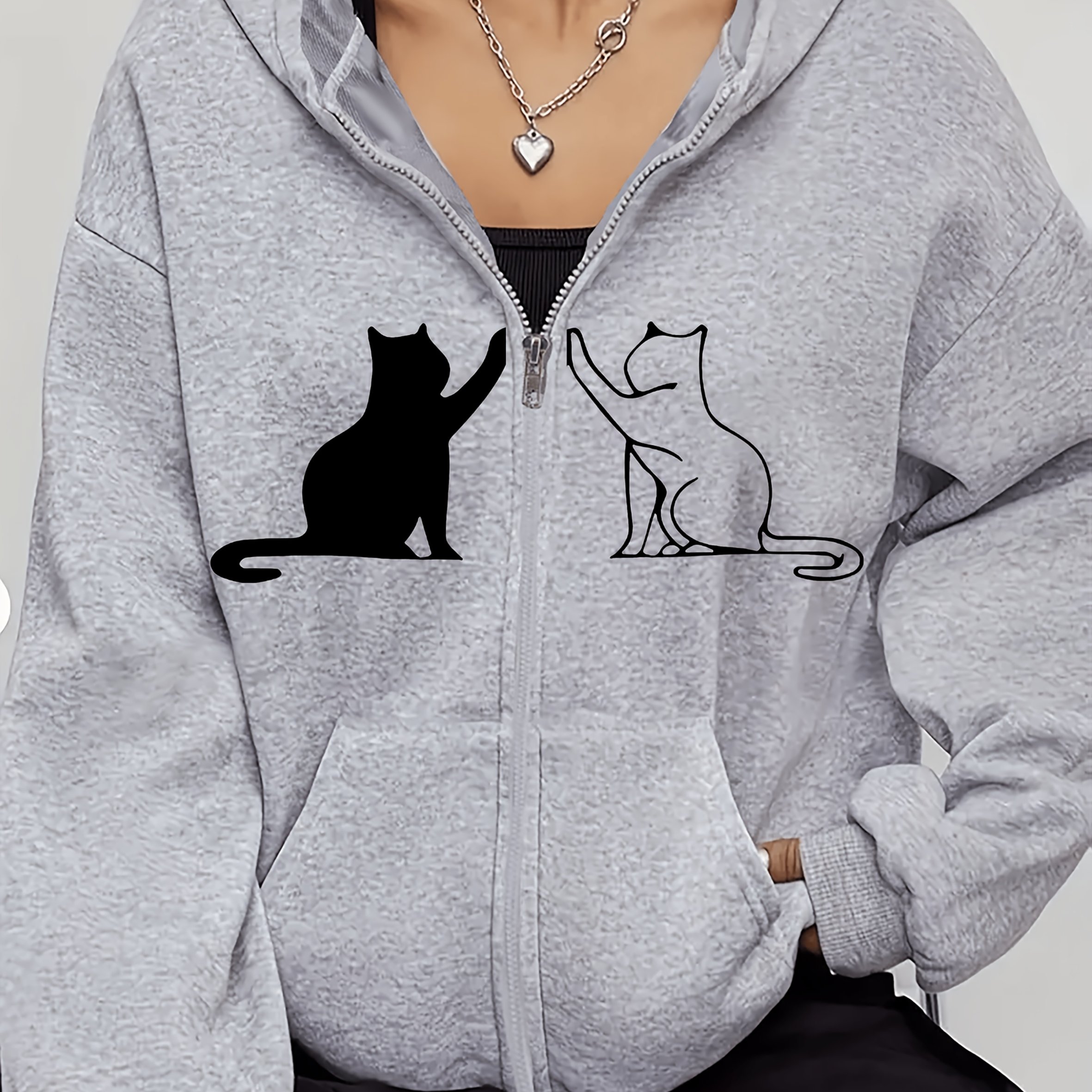 TEMU Giacca casual da donna a maniche lunghe con zip e stampa giocoso, adatta a , realizzata in tessuto elasticizzato, abbigliamento da donna