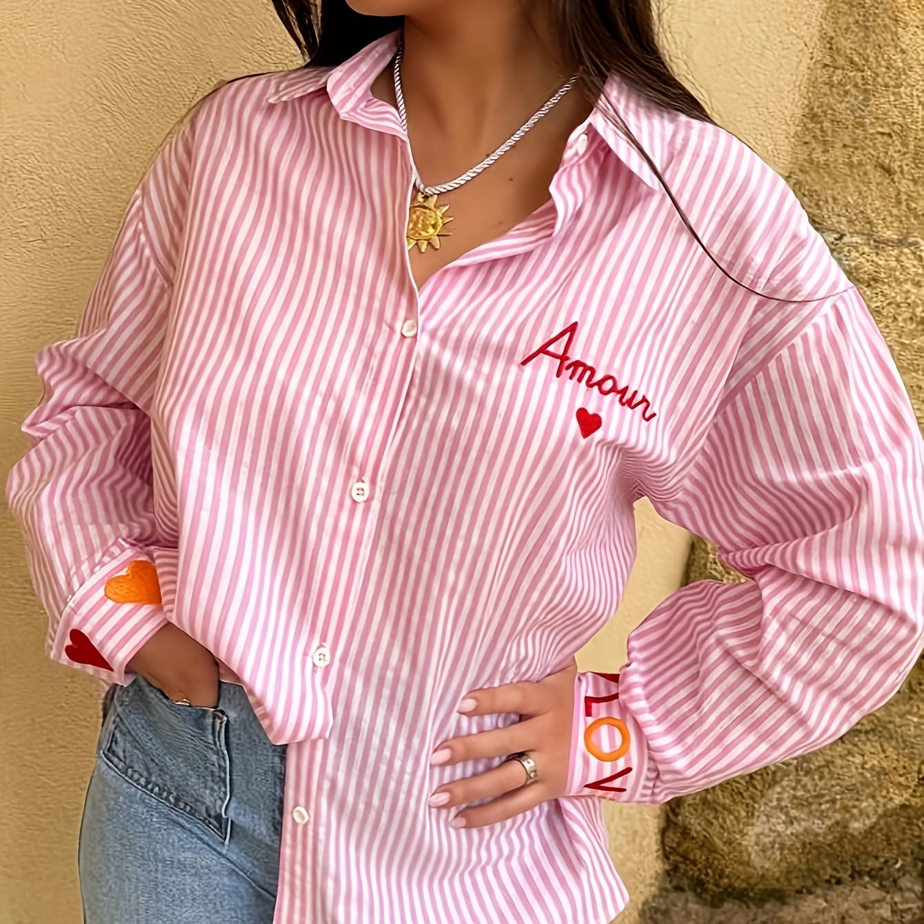 New Striped Letter Embroidery Front-button Long Sleeve Shirt