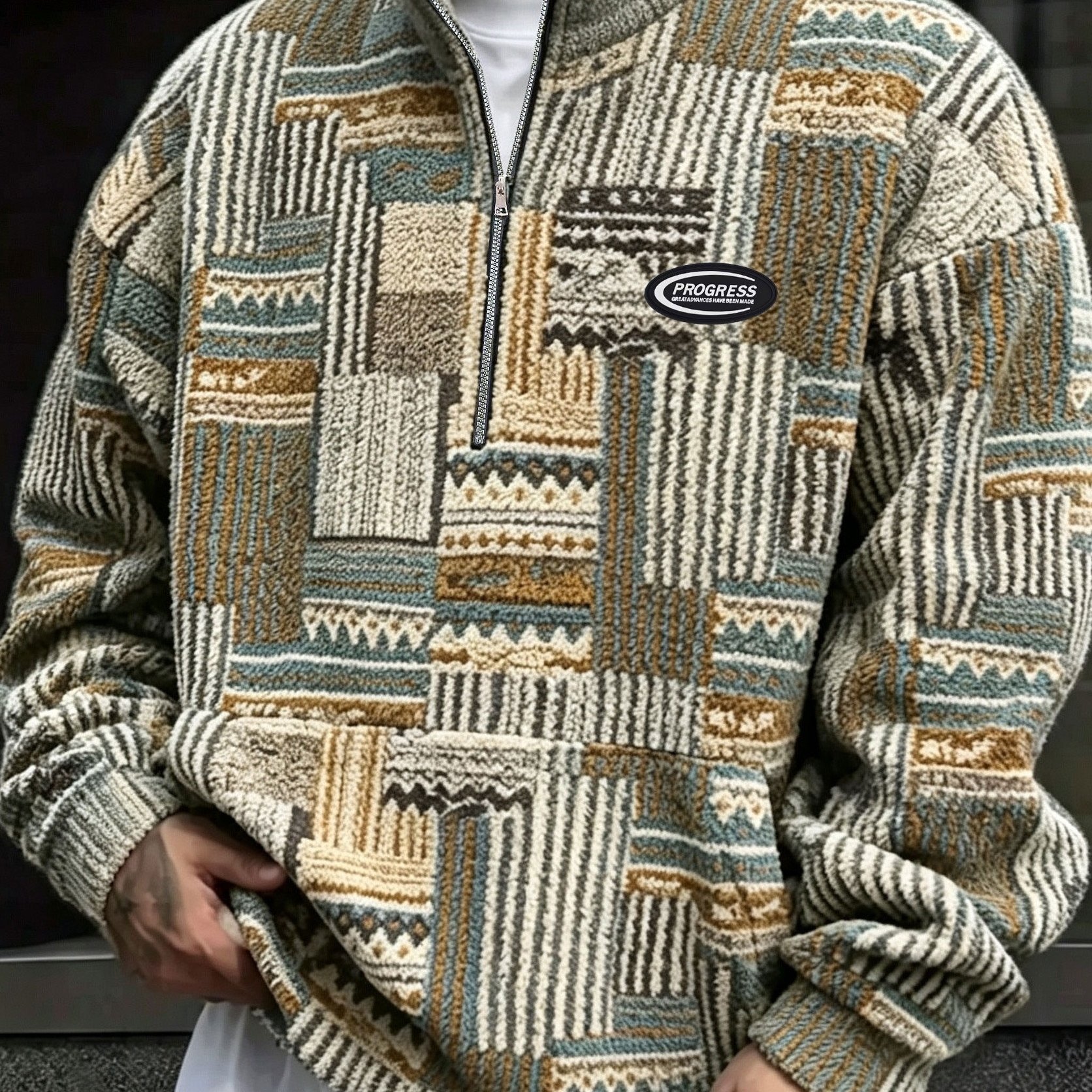 TEMU Men's Vintage Style Casual Long-sleeve Sweatshirt, Men's Geometric Pattern Long-sleeve Casual Jacket, Suitable For Autumn, Winter, And Spring,