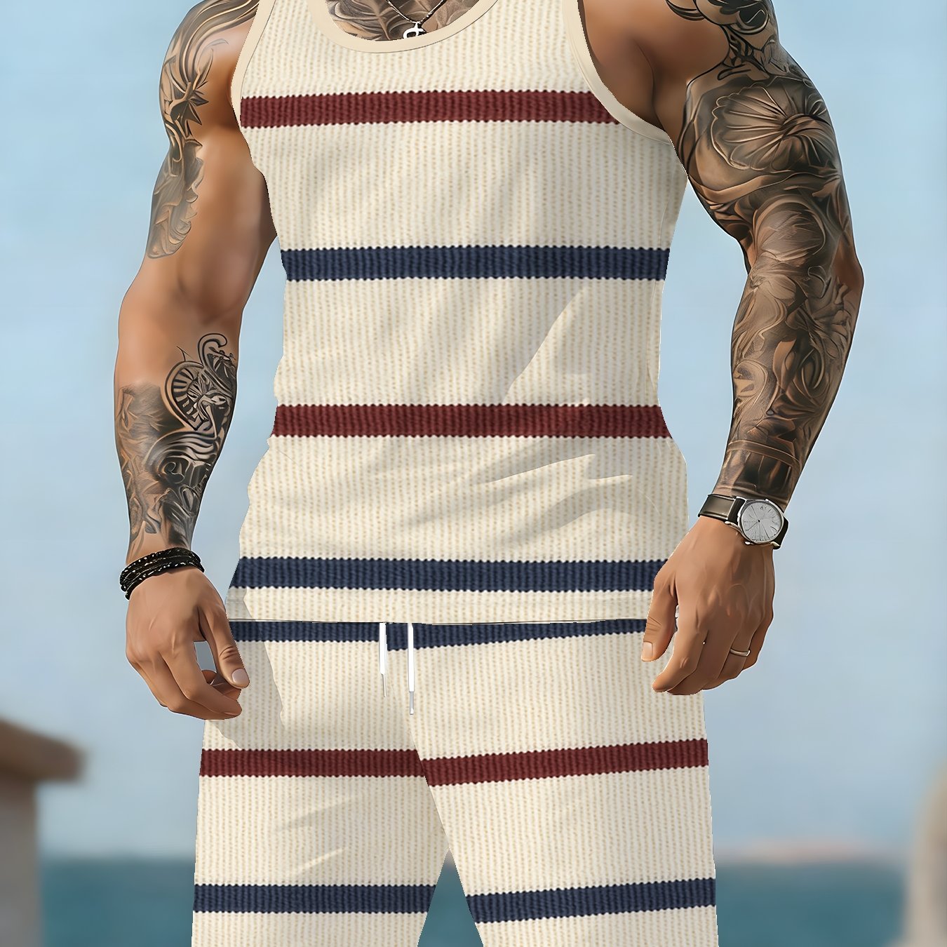 TEMU Conjunto de 2 piezas para hombre, ideal para el verano y el ocio en casa: chaleco sin de cuello y pantalones cortos con estampado 3D fino,