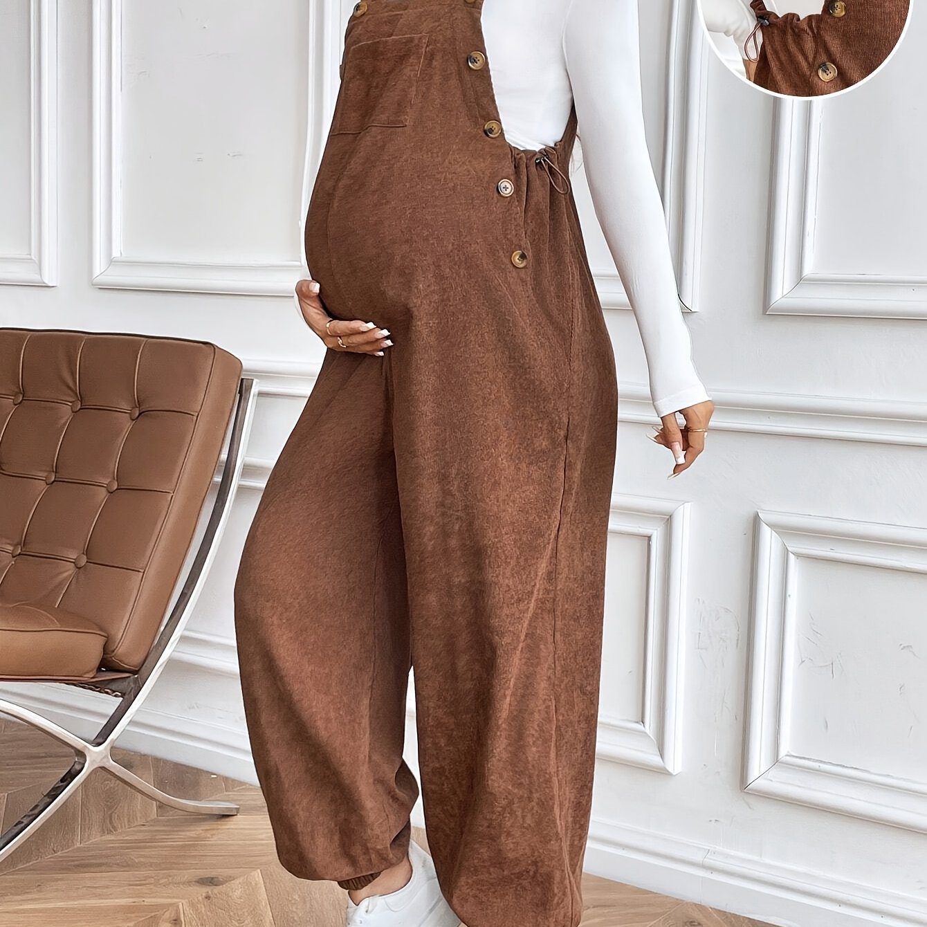 TEMU Casual Maternity Overalls Corduroy Jumpsuit With Adjustable Waist For Daily - Loose Fit - Formal Style - Autumn & Winter