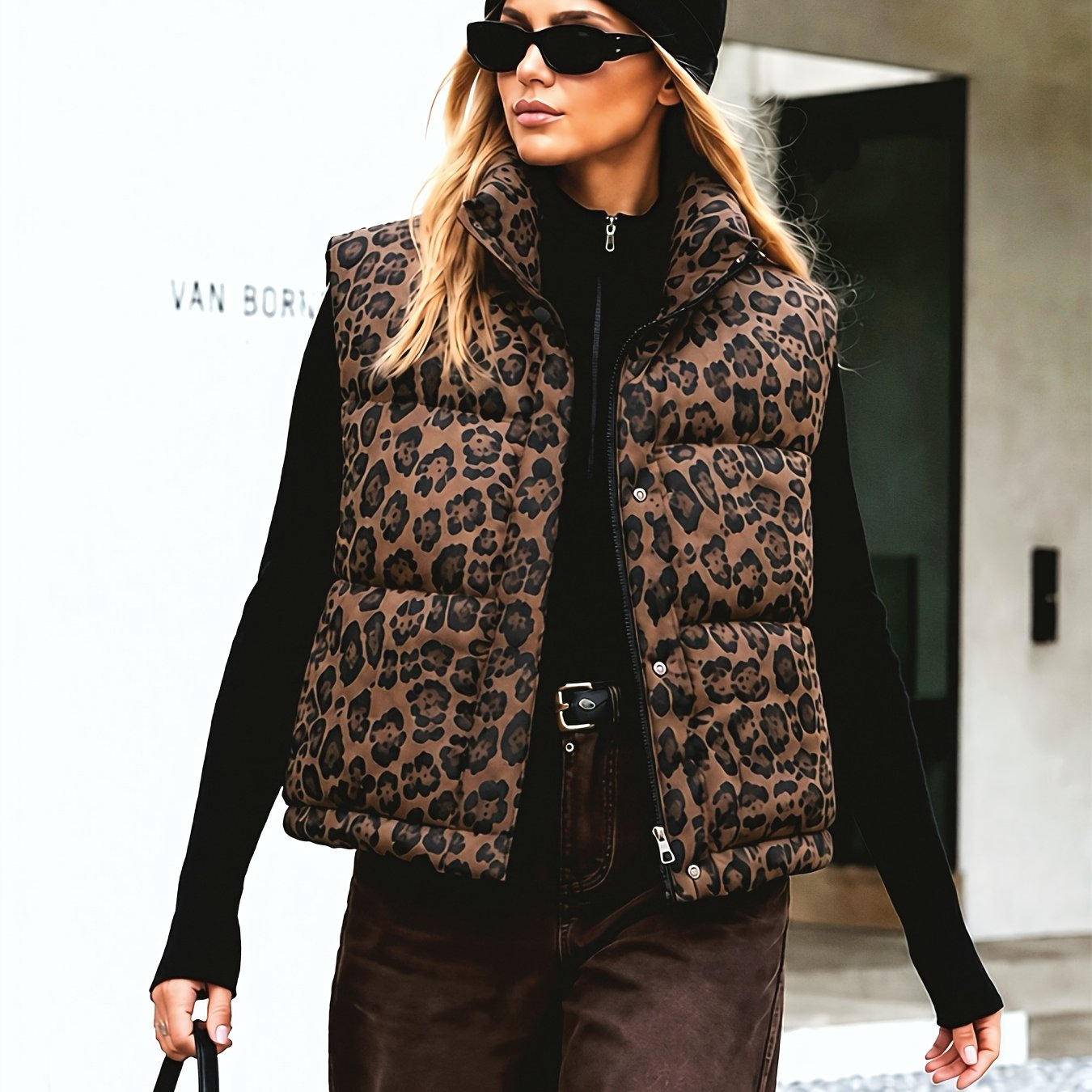 TEMU Veste gilet matelassée à fermeture éclair à imprimé léopard pour femme, Vêtement d'extérieur d'hiver pour femme, Gilet pour femme, Gilet court