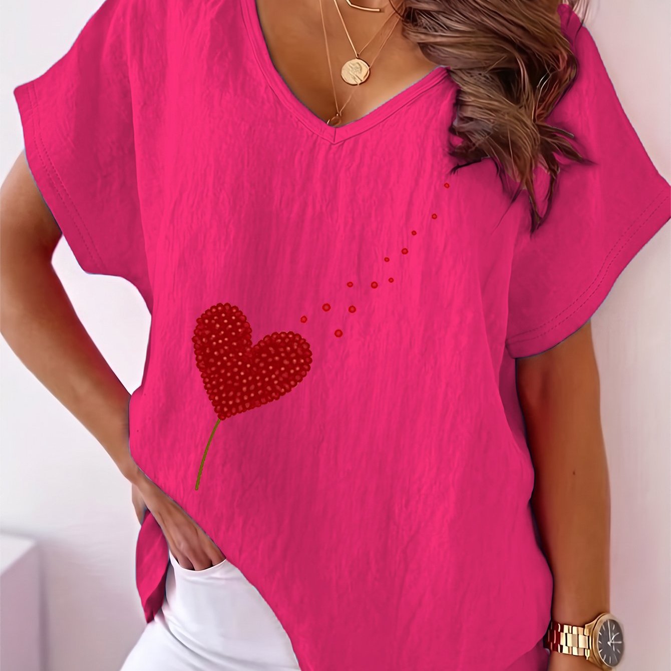 TEMU Plus Size Women's Clothing, Printed With "red Heart With Dots Trail" V-neck Casual Batwing Short Sleeve Top, Textured Fabric