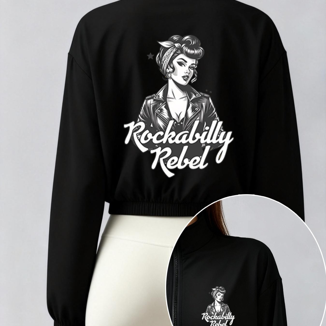 TEMU 1pc Women's Spring/autumn Vintage Style Printed Jacket With Rockabilly Lettering, Casual Stand Collar Zipper Long Sleeve Quick-dry Drawstring