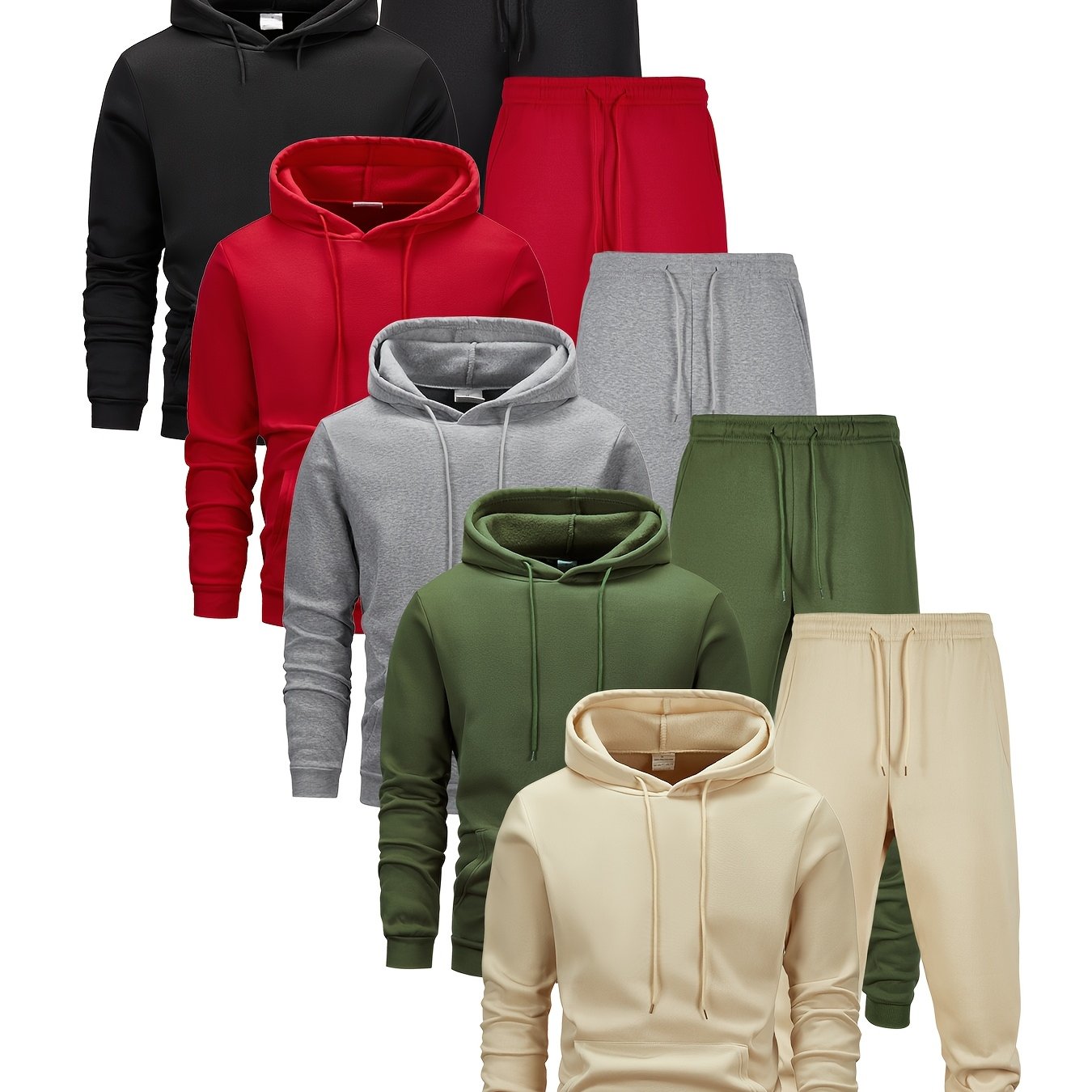 TEMU Conjunto de 5 piezas para hombre: sudadera con capucha y zapatillas de correr, color liso, larga, tejido de punto ligeramente elástico, pantalón