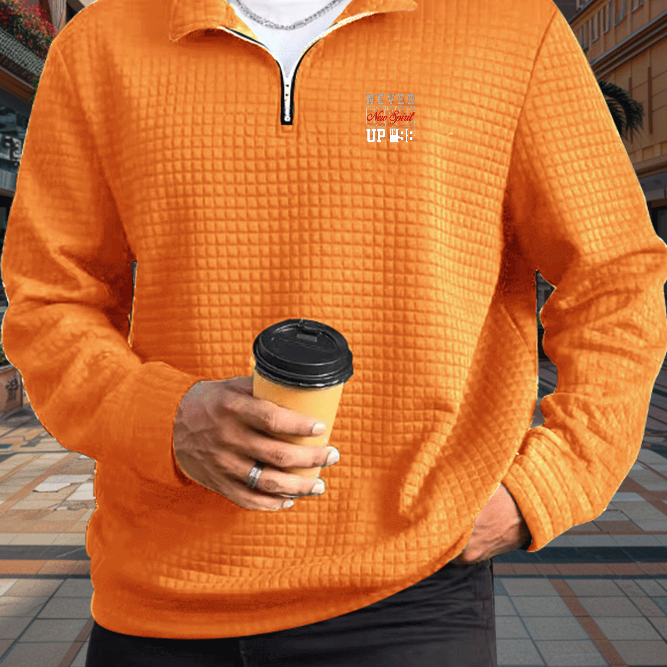 TEMU Men's Half-zip -match Waffle Texture Print Autumn Winter Casual Athletic Shirt Sweatshirt