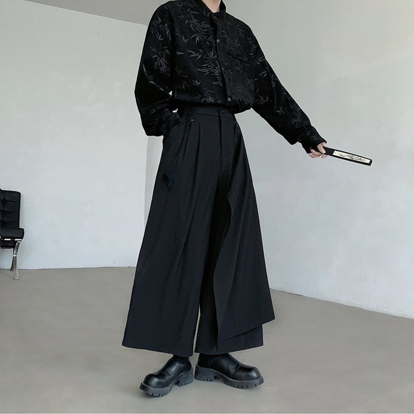 TEMU 新作 チブルスカートパンツ ダークカラー スプライス加工 ワイドレッグ ルーズフィット メンズ ブラックパンツ カジュアルパンツ