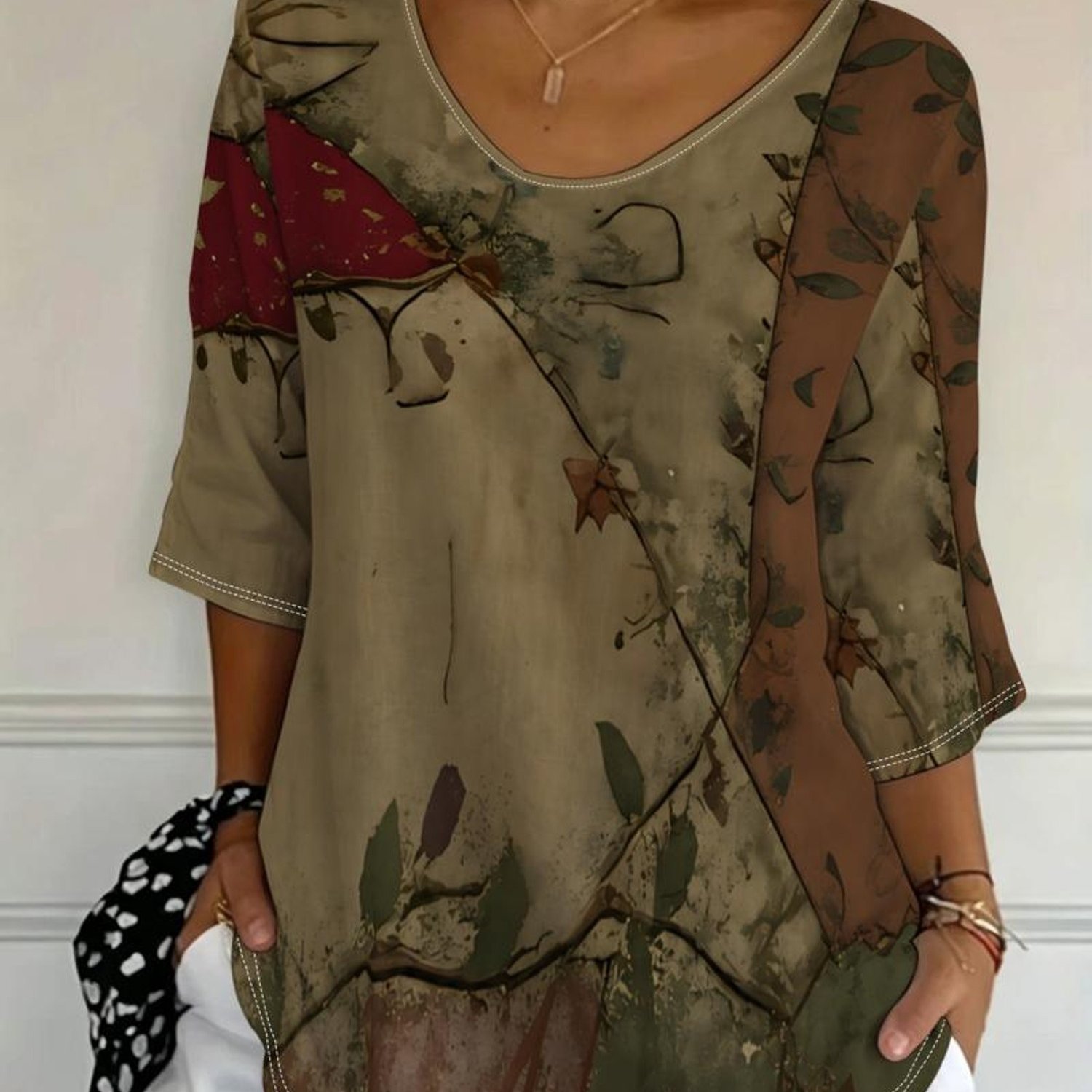 TEMU Plus Size, Plus-size Women's Top, Geometric Abstract Pattern, Color: Mixed, Size: Multiple Sizes , Fashionable Artistic Feel, Suitable For Daily
