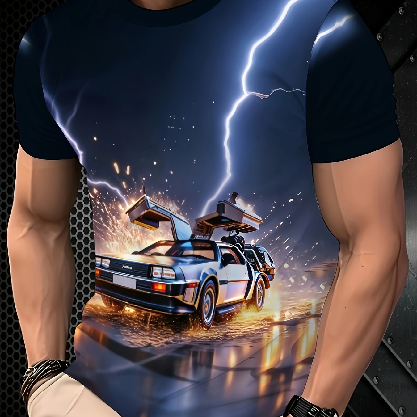 TEMU [printed Design-nottextured] Men's Retro-futuristic Racing Crew Neck T-shirt- Comfortable And Breathable, Durable And , Suitable For Home,