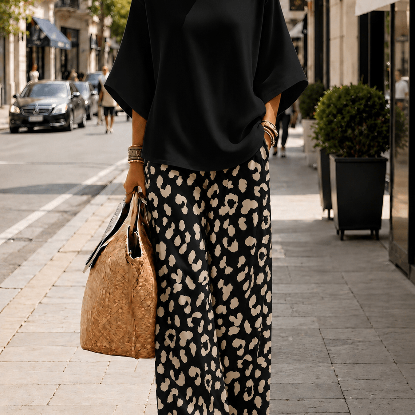 Image of Women's Casual 2pcs Matching Sets Leopard Print Crew Neck Batwing Sleeve Loose High Waist Wide Leg Pants Vacation Wear