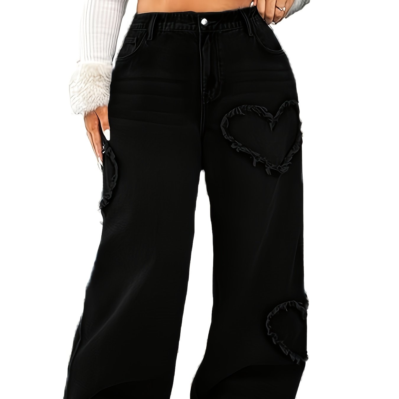 Shaped Distressed Wide Leg Jeans, High Waist Baggy Denim Pants With Pockets