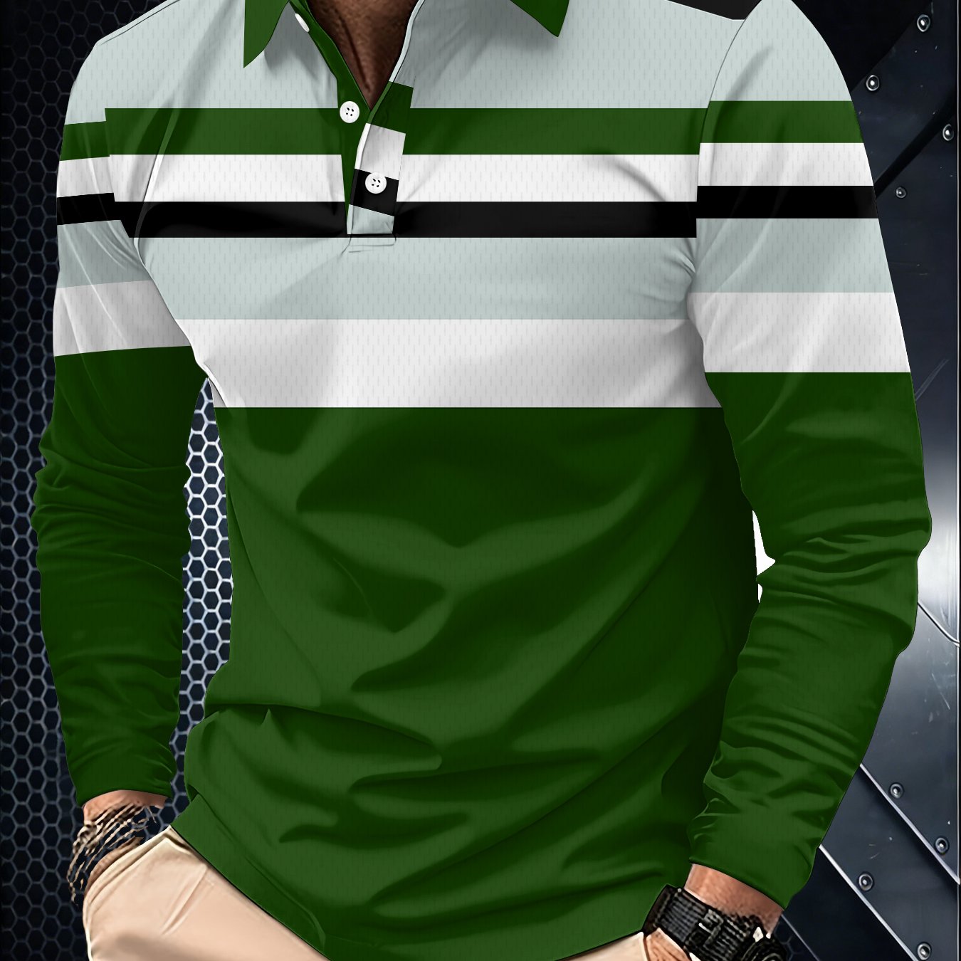 TEMU Men's Long Sleeve Shirt, Casual Simple Shirt With Striped Design And Geometric Patterns, Sporty Style, Men's Long Sleeve