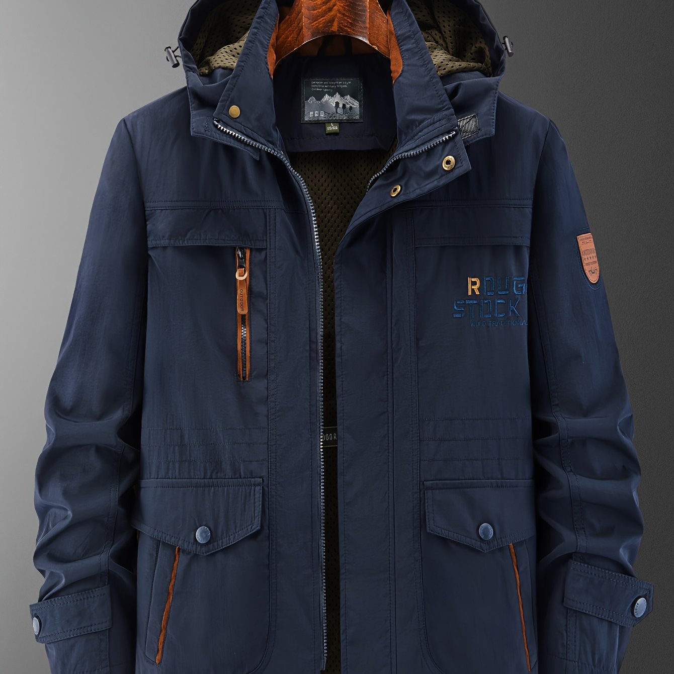 TEMU Obm Multi-pocket Detachable Hood Outdoor Hiking Jacket For Men, Solid Color Classic Embroidered Men's Coat