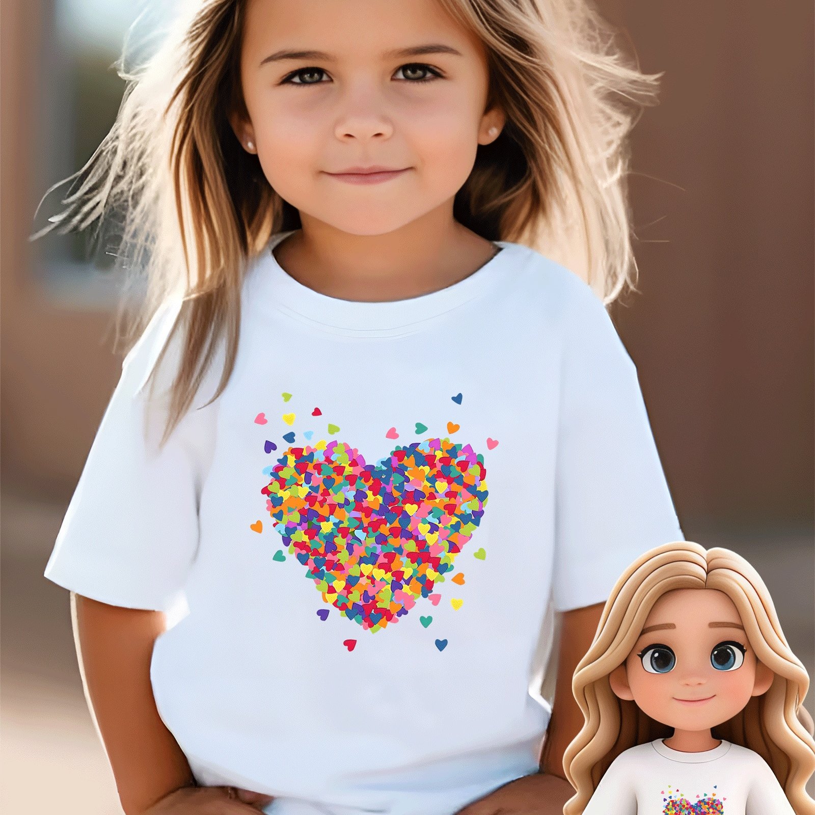 Colorful Heart Pattern Print, Girls' Summer Short Sleeve T-shirt, Stretchy Comfortable Wear For