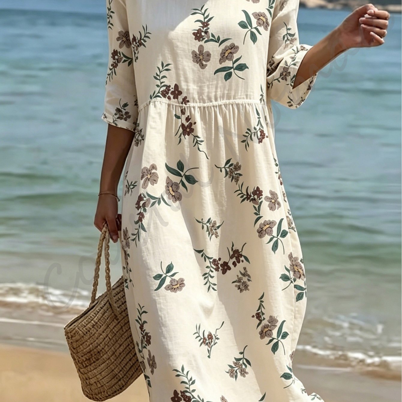 Image of Women's Summer Dress, Round Neck, Three-quarter Sleeves, Retro-style Midi Dress, Breathable Polyester Fabric, 2d Printing. Suitable For Commuting And Vacation.