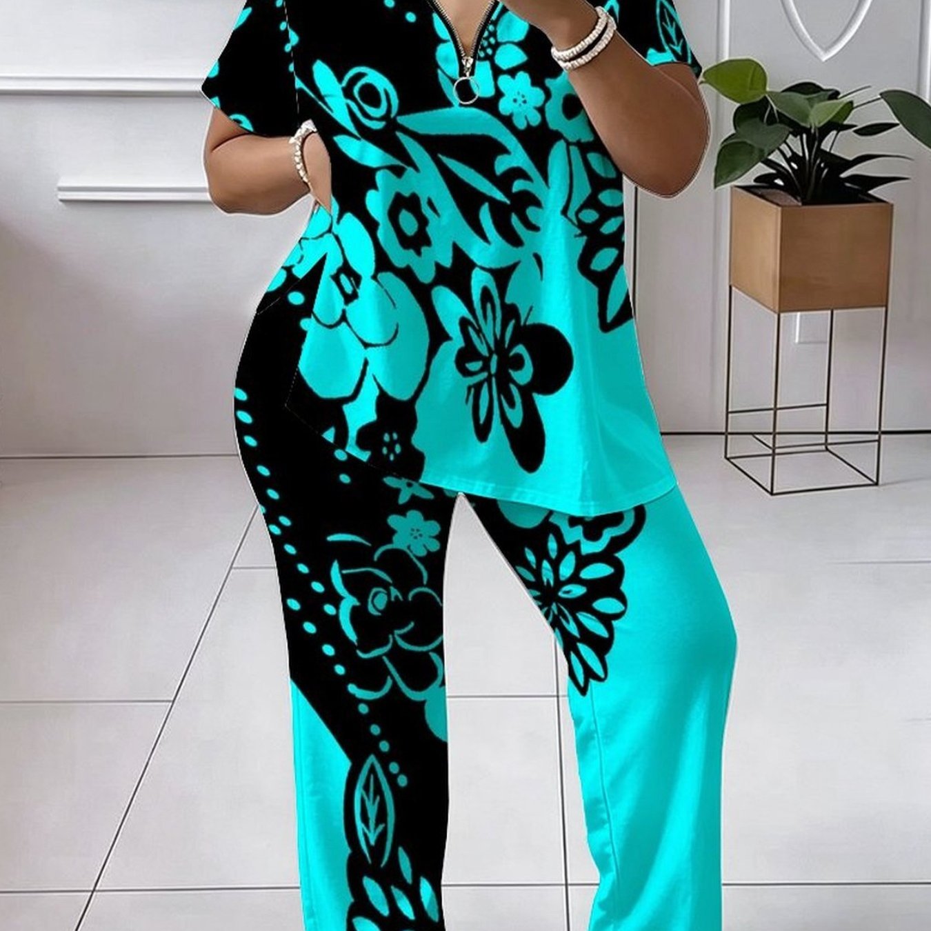 Plus Size, Women's Suit, Plus-size Women's Suit, Full-body Floral And Tree Pattern, Casual Party, Comfortable Material, Stylish And Unique Short-sleeve Top, Comfortable And Breathable Pants Set