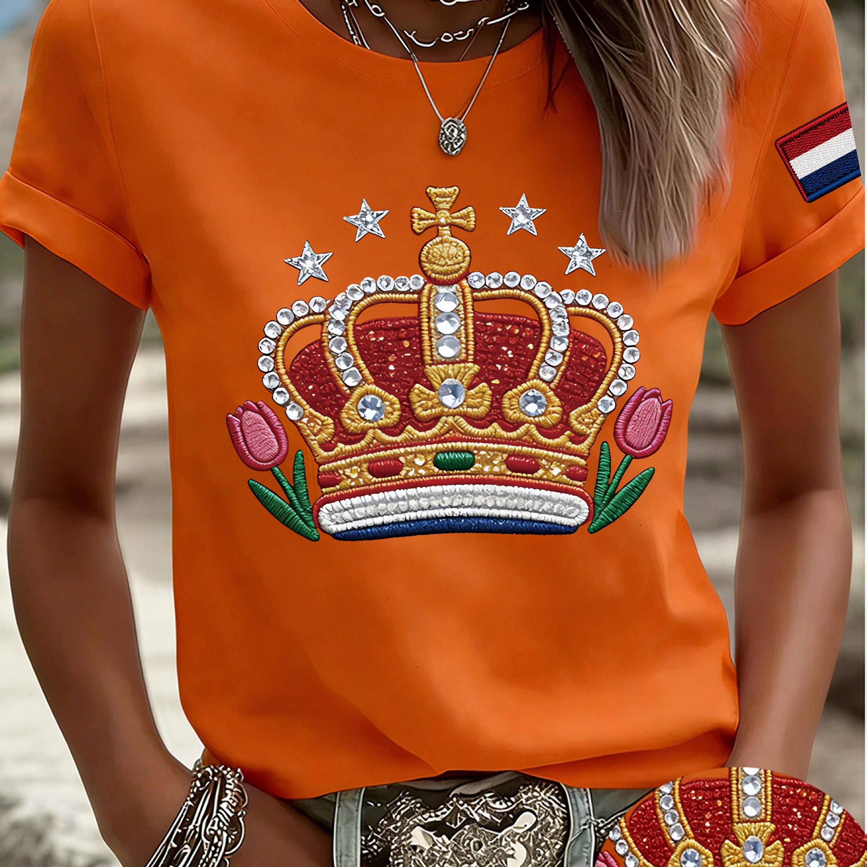 TEMU Women's Netherlands Flag & Print T-shirt - Loose Fit Round Neck Short Sleeve Suitable For Fan Commemorative Edition, Dutch Apparel, Wear