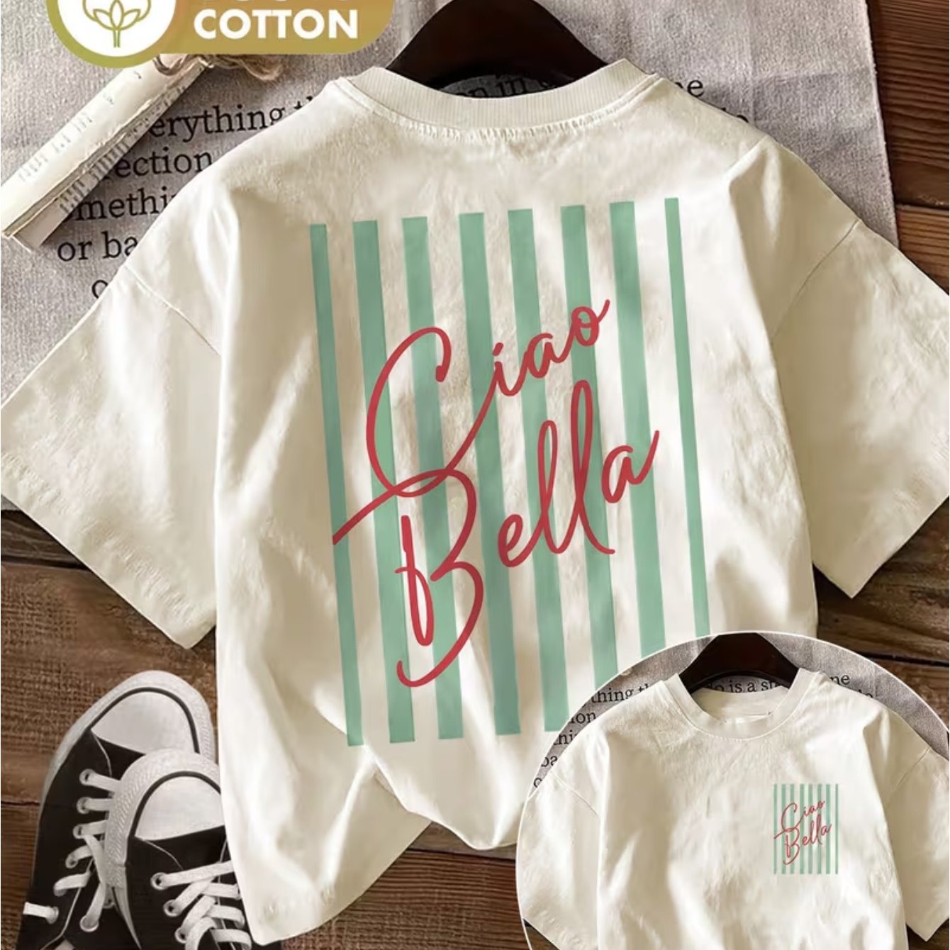 Image of Double-sided Print Summer Casual Women's Top, , Striped, With Handwritten ' Bella' Print, Round Neck, Pure Short-sleeve T-shirt Printed Shirts For Men And Women
