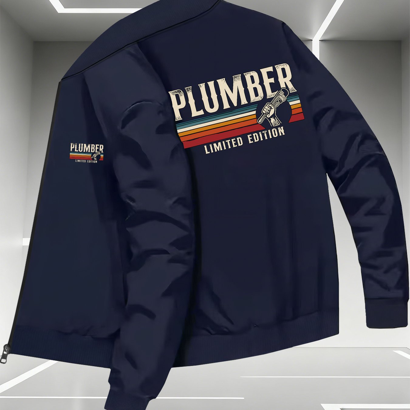TEMU Men's Vintage Plumbing Professional Jacket - Slim-fit Zippered Winter Jacket With Pockets, Machine Washable Outerwear For Plumbers & Casual Wear