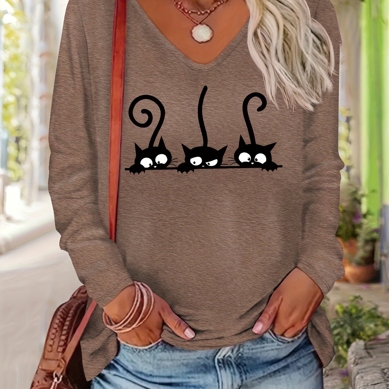 TEMU T-shirt à manches longues et col en V coloré pour femme, polyvalent, et confortable, pour , automne/hiver, avec motif de chats mignons, de style