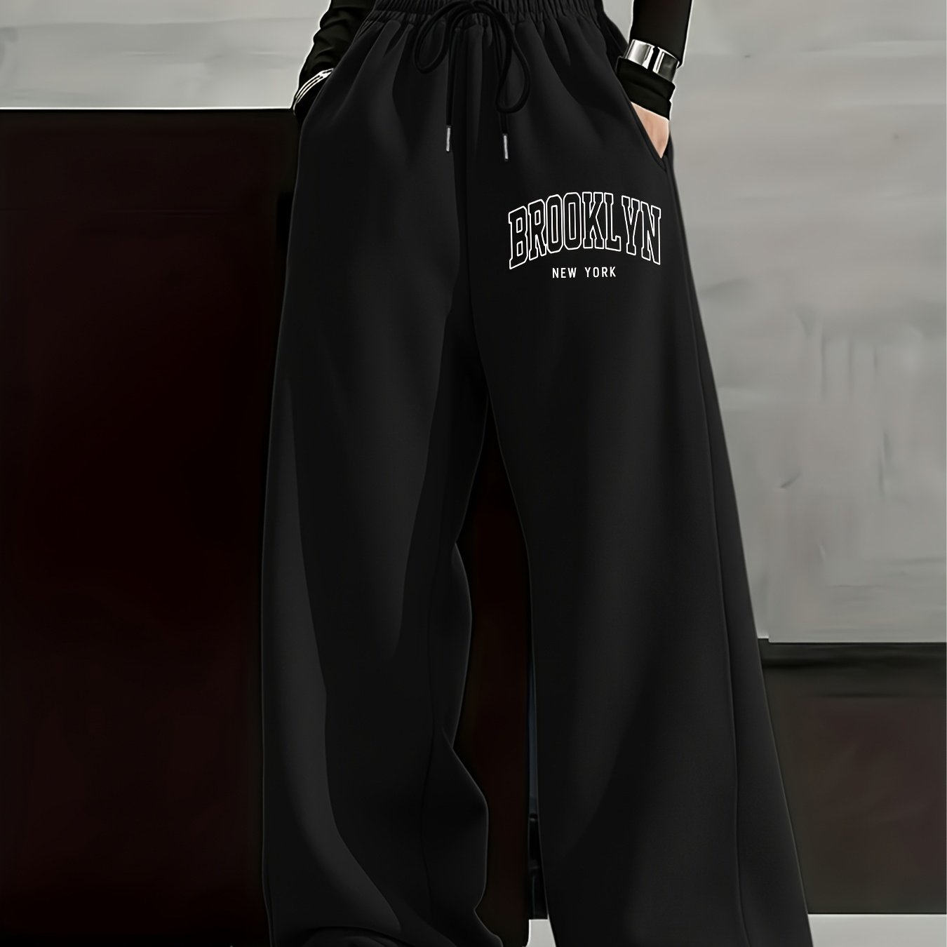 TEMU Trendy High-waist Loose Sweatpants With "brooklyn " Letter Print, Comfortable Oversized Loose Street Style Women's Pants