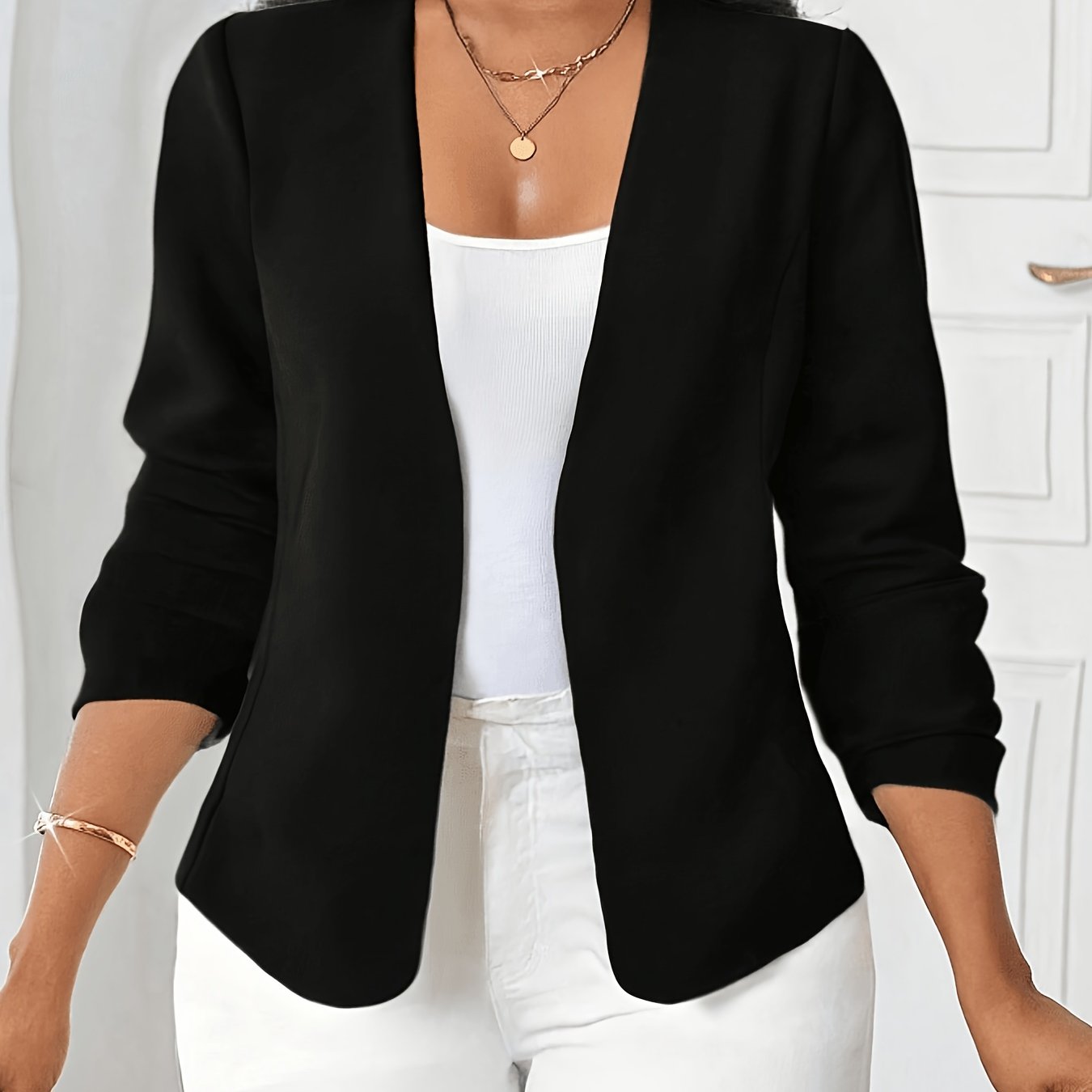TEMU Elegant -front Pleated Long-sleeve Black Jacket, Versatile Autumn Women's Clothing, Women's Spring-summer Apparel