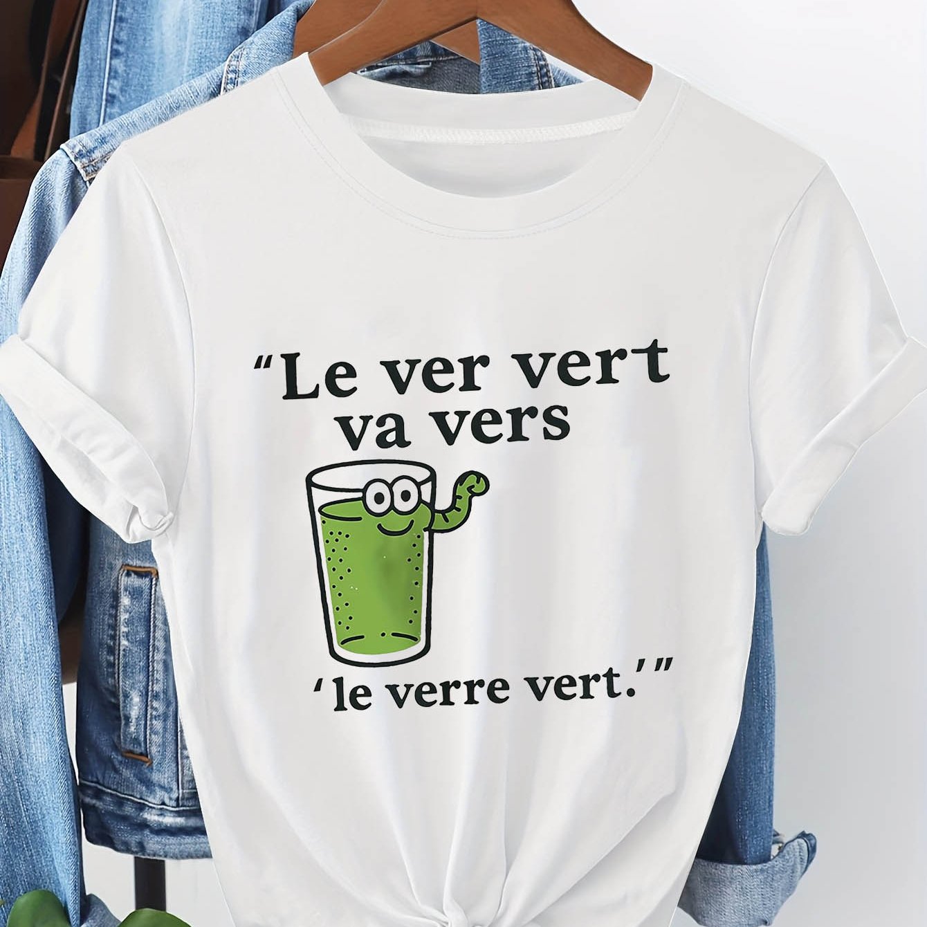 TEMU T-shirt Vert Va Vers Vert à imprimé lettre, haut décontracté à manches courtes et col ras du cou pour l'été et , vêtements pour femme