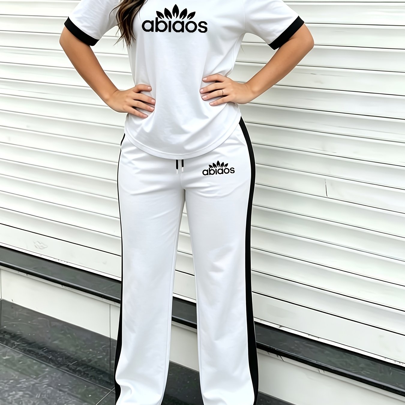 TEMU Abiaos Letter Logo Contrast Color Crew Neck Short Sleeve Set, Loose Relaxed Wide-leg Pants, Spring/summer Fashion Casual Women's 2pcs Set!