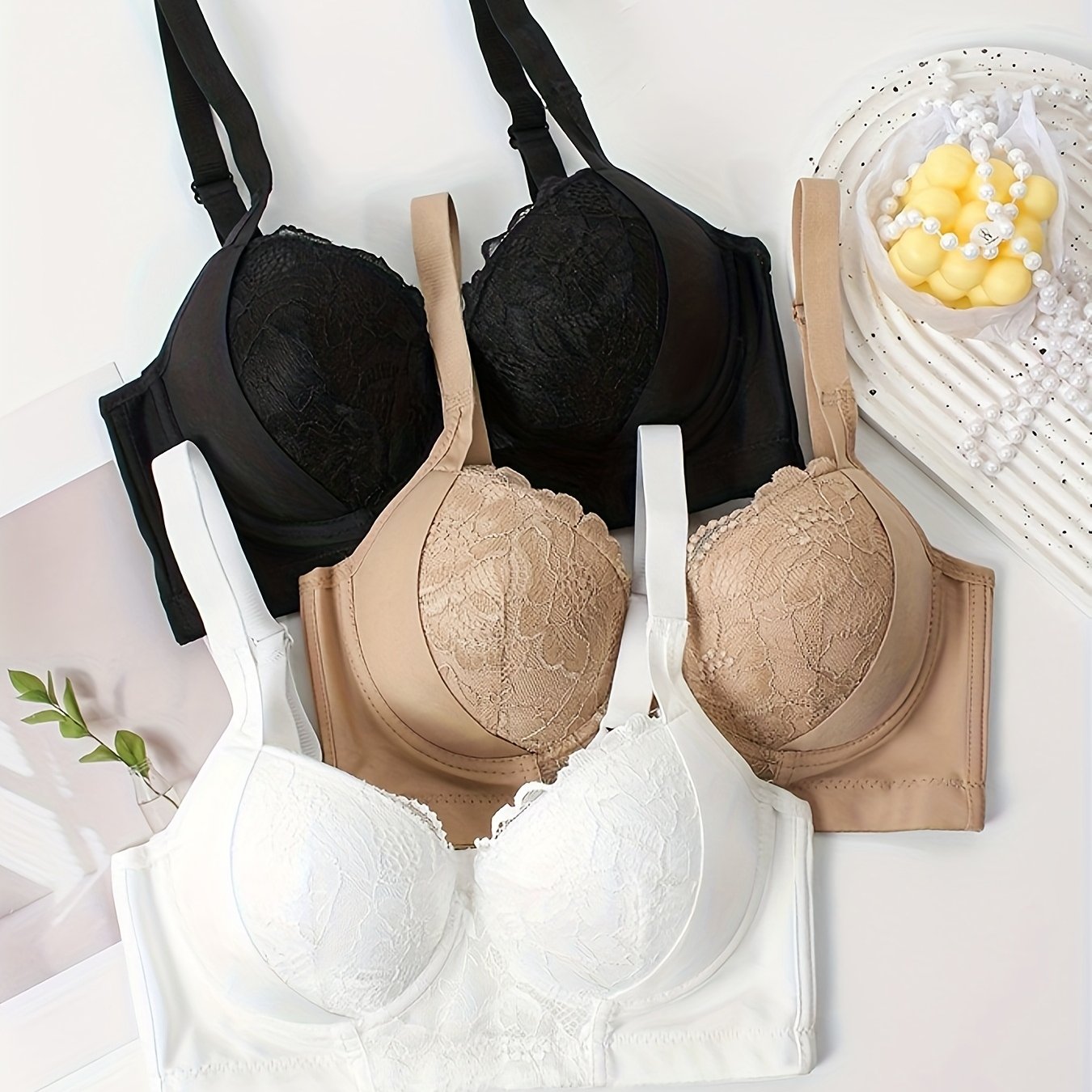 TEMU 3pcs Elegant Women's Lace Push-up Bra Set - Comfortable And Breathable, With Underwire Support, Bra And Panties