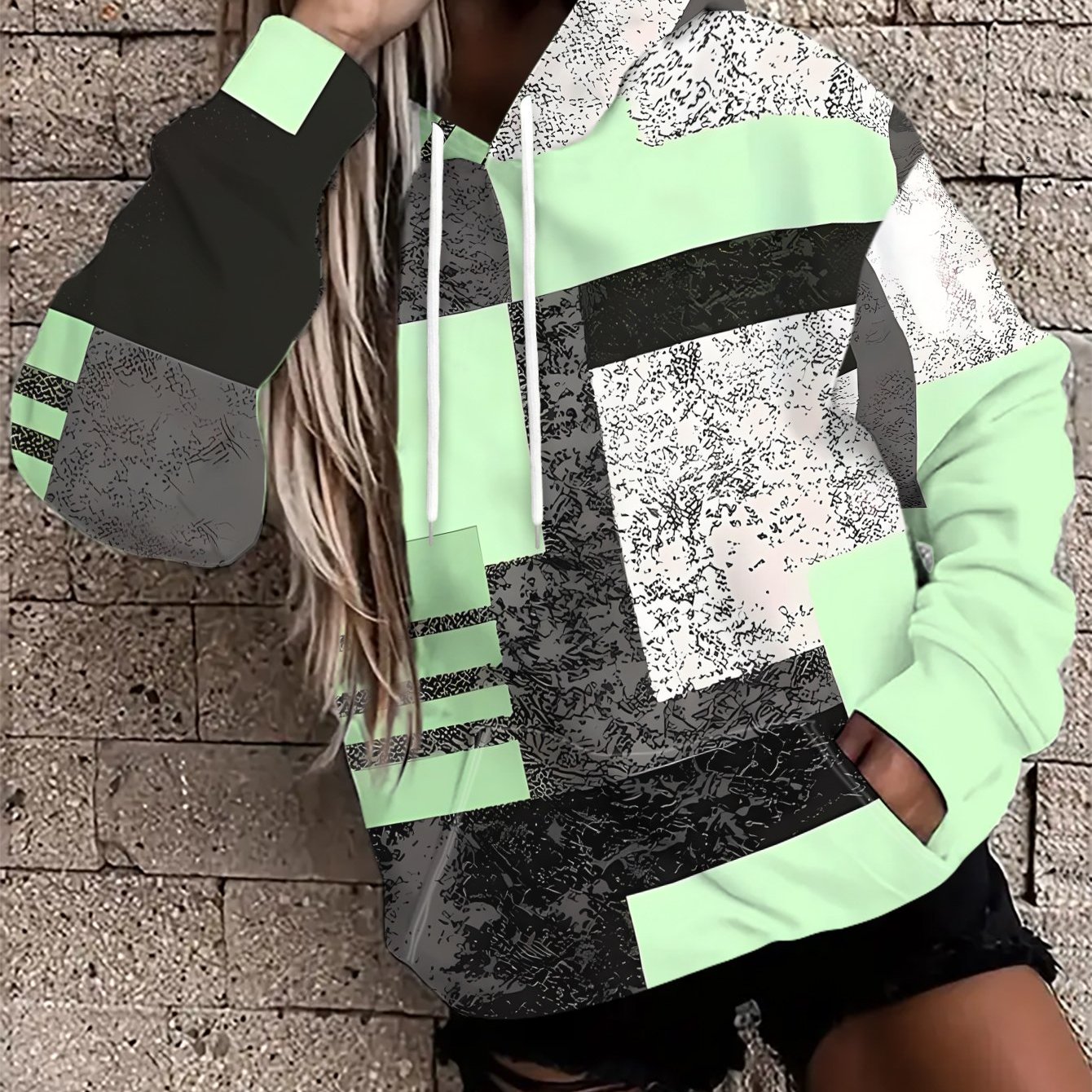 TEMU Women's Hooded Sweatshirt, Geometric With Black Gray Texture - Trendy Minimalist, And Fashionable Patterns