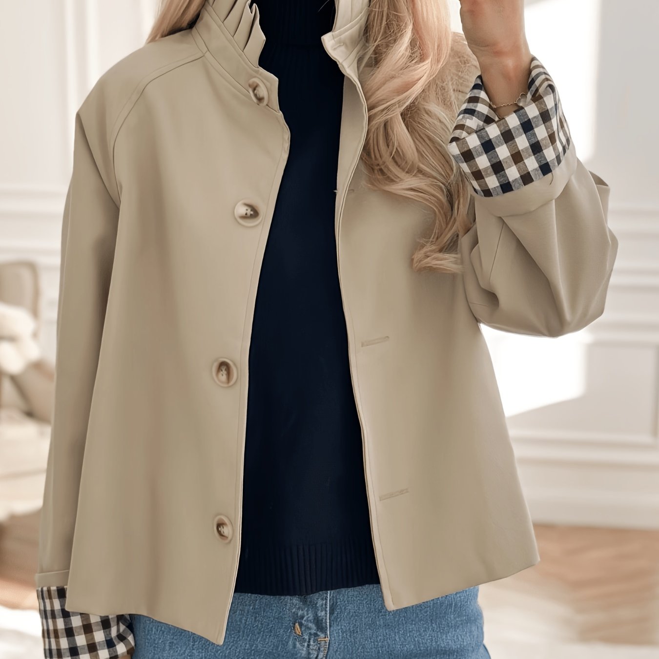 TEMU Women's Short Trench Coat, Balancing Professional And Relaxed Style, Checkered Lining With Details, Making Wear And Effortless, Comfortable And