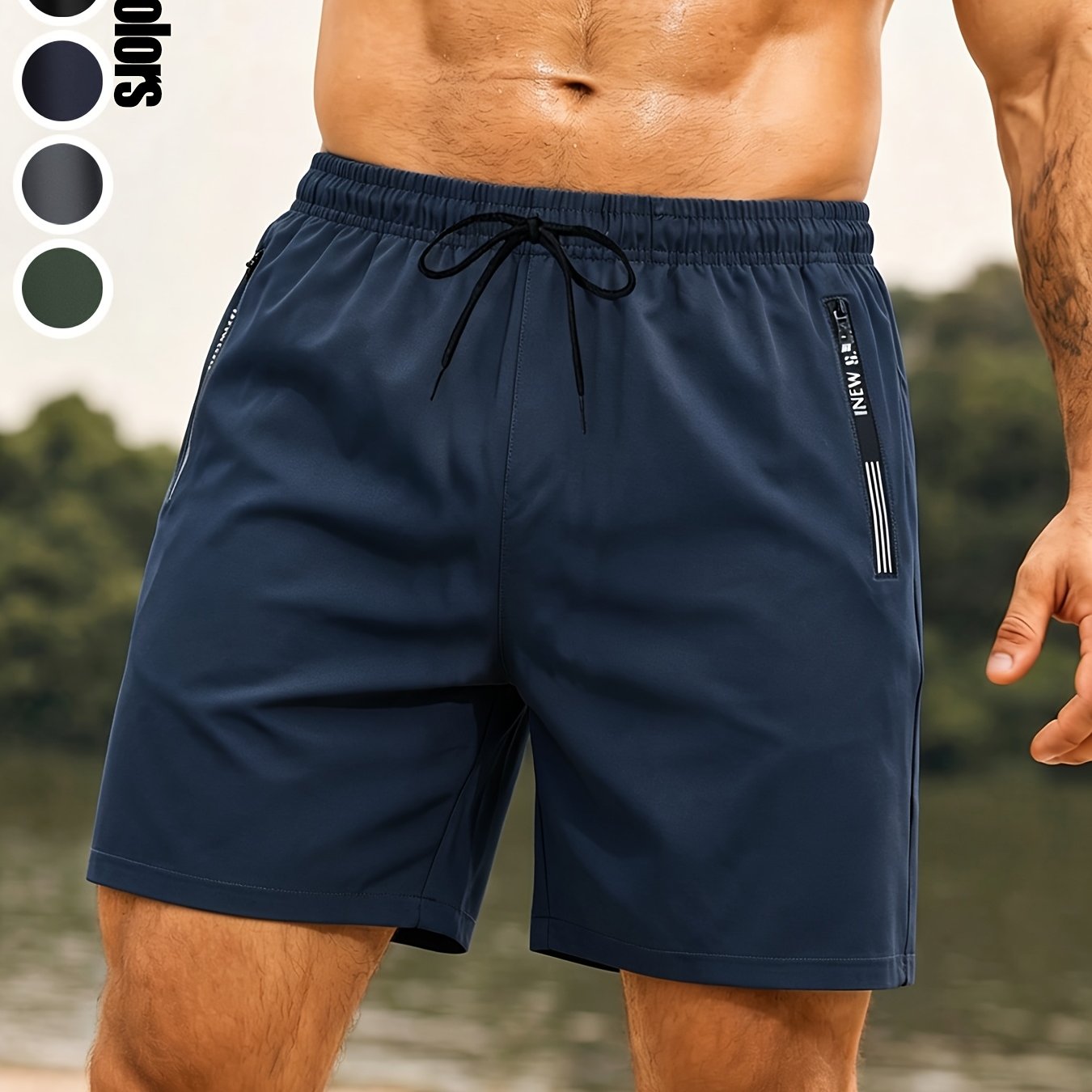 TEMU Men's Quick-dry Breathable Athletic Shorts With Zipper Pockets & Elastic Waistband - Loose-fit Outdoor Running Gym Swim Shorts Suitable For