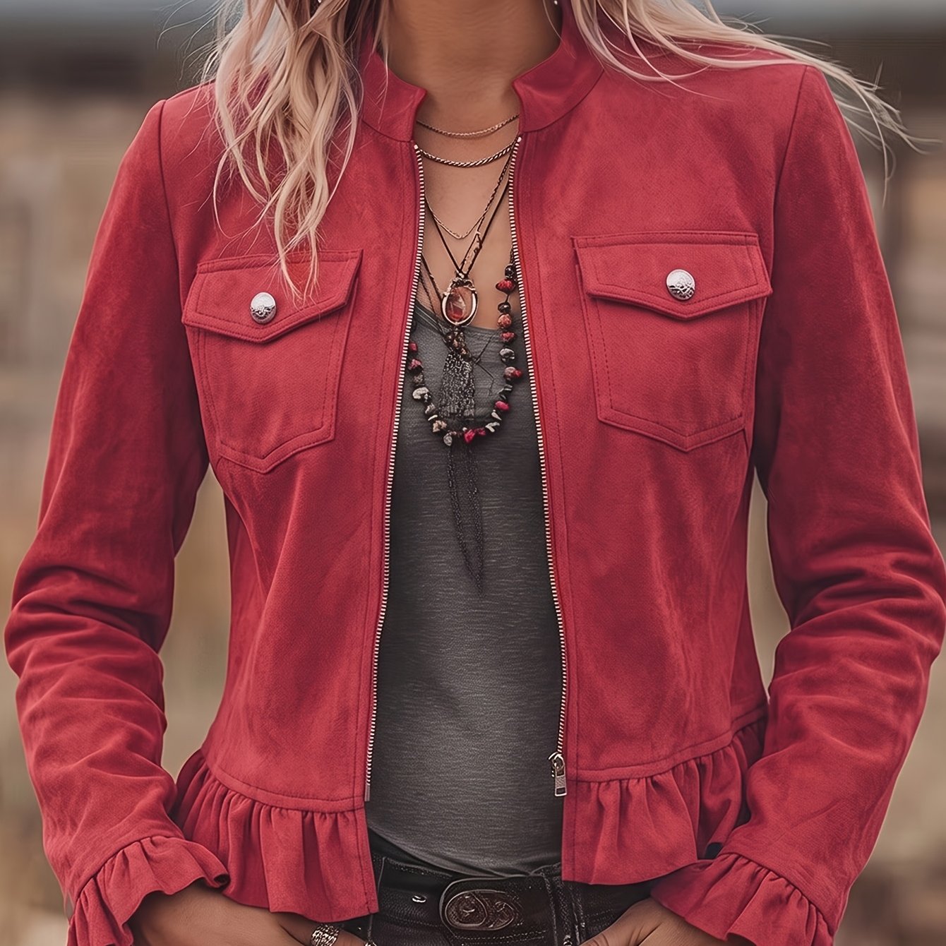 TEMU Solid Color Short Jacket For Women, Stand Collar With Zipper, Ruffle Hem And Lace Trim, Sleeves, Multi-pocket, Western Style Slim Fit Short