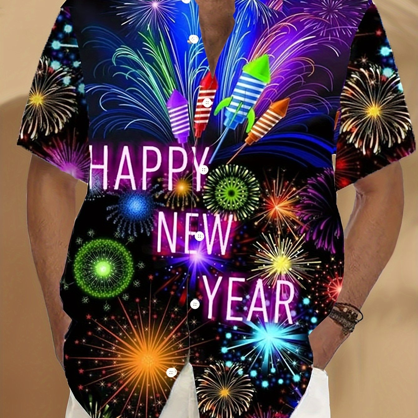 TEMU Men's Plus Size Retro 3d Short Sleeve Shirt - Christmas & New Year Fireworks Design With Happy New Year Text, Vibrant Colors, Machine Washable