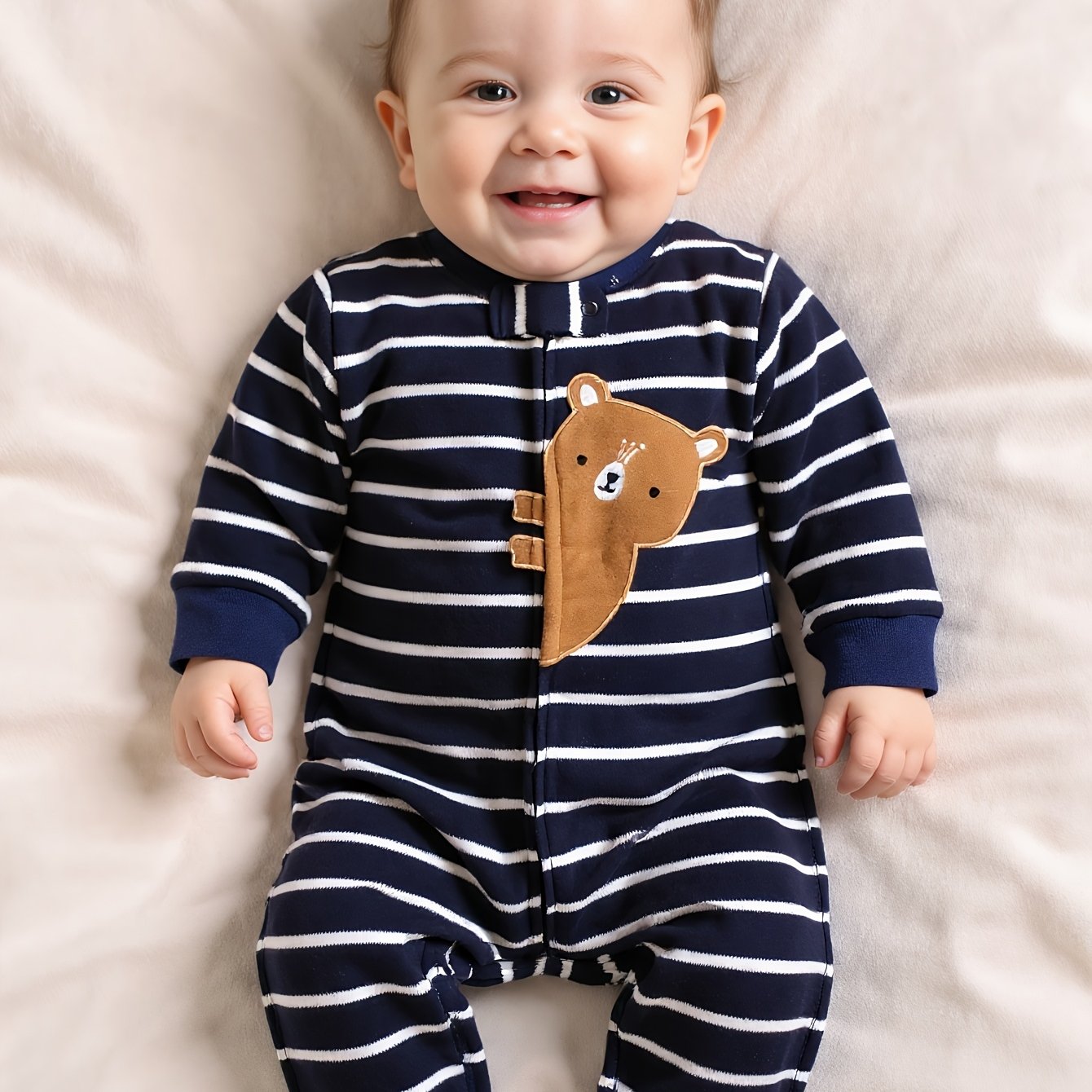 Baby Onesie Baby Boy Striped Bear Applique Embroidery Footed Onesie Casual, For Outdoor