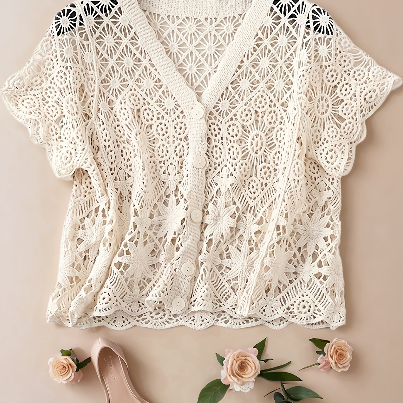 E-shop Bohemian Ethno-Stil lässiger kurzärmliges Lochmuster-Cardigan