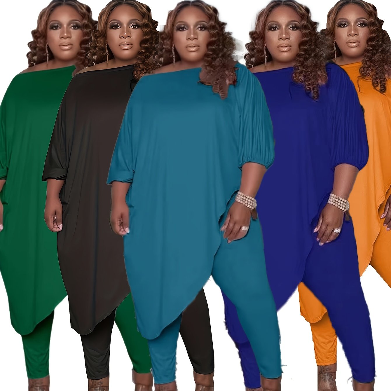 TEMU Women's Plus-size Casual Suit, Solid -shoulder Top With Asymmetrical Hem And Stretchy Pant Suit - Leisure Shopping, Sports, Exercise, Etc
