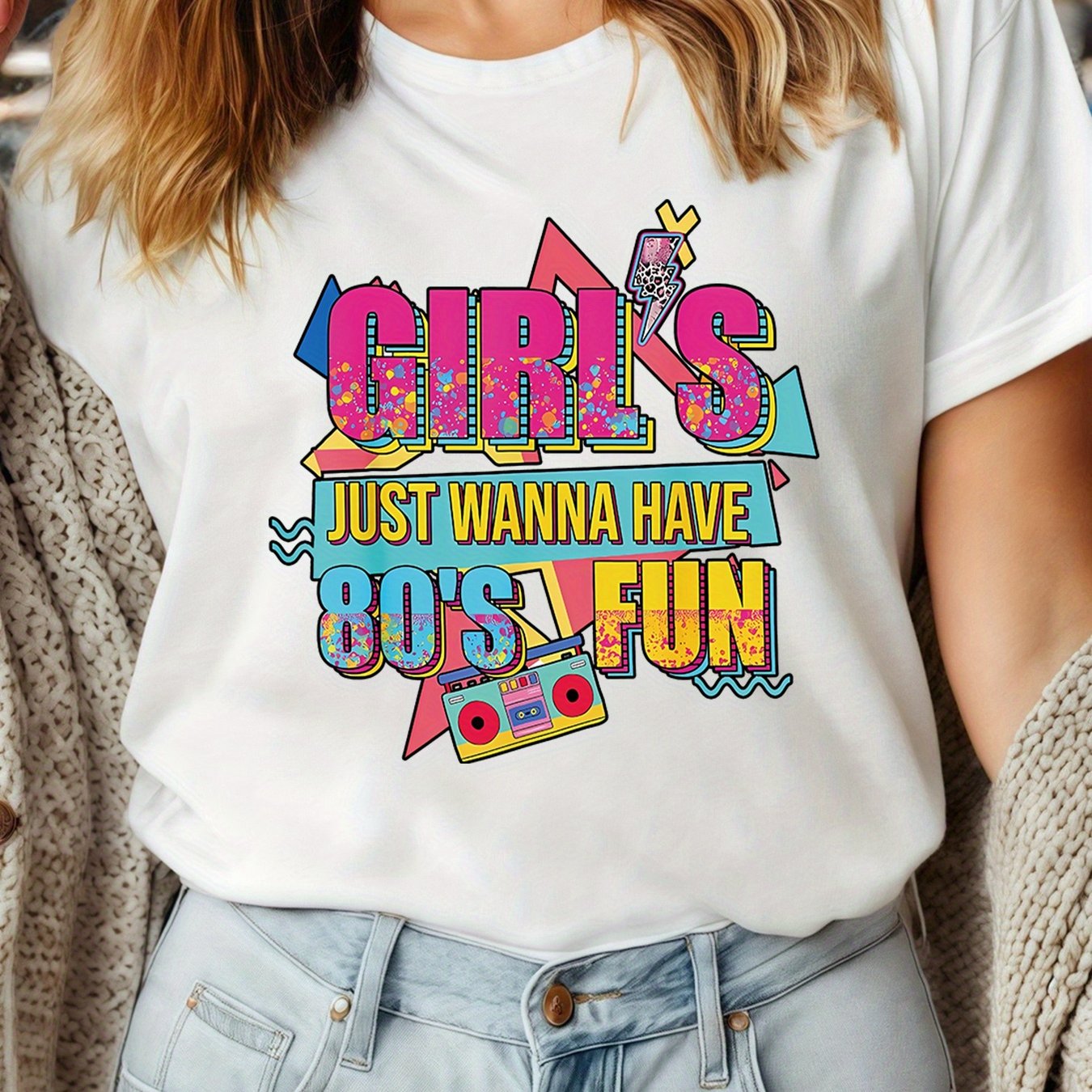 TEMU Women's Black And White T-shirts Printed With " Have 80's Fun", 80s Elements, Style. Round Neck, Trendy Pattern, New Style, In Stock. Short