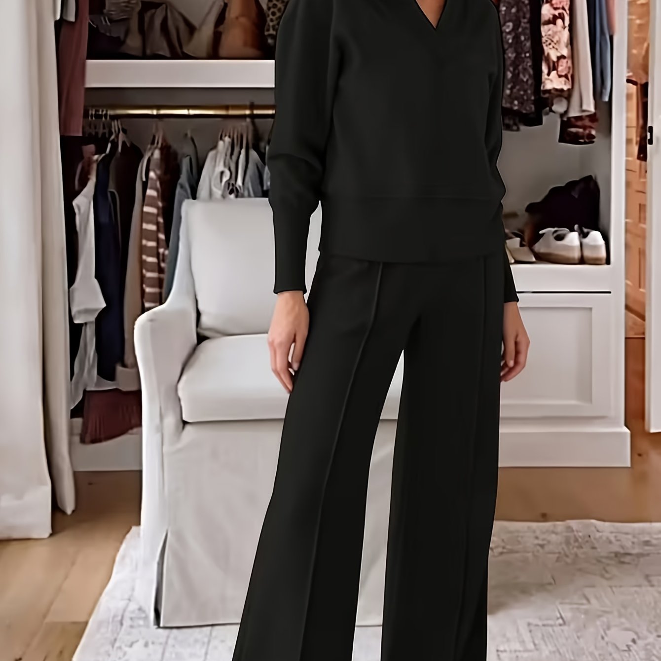 2026 Women's Athleisure V-neck Wide Leg Long Sleeve Blazer & Pants Wrinkle-resistant Office Casual Wear