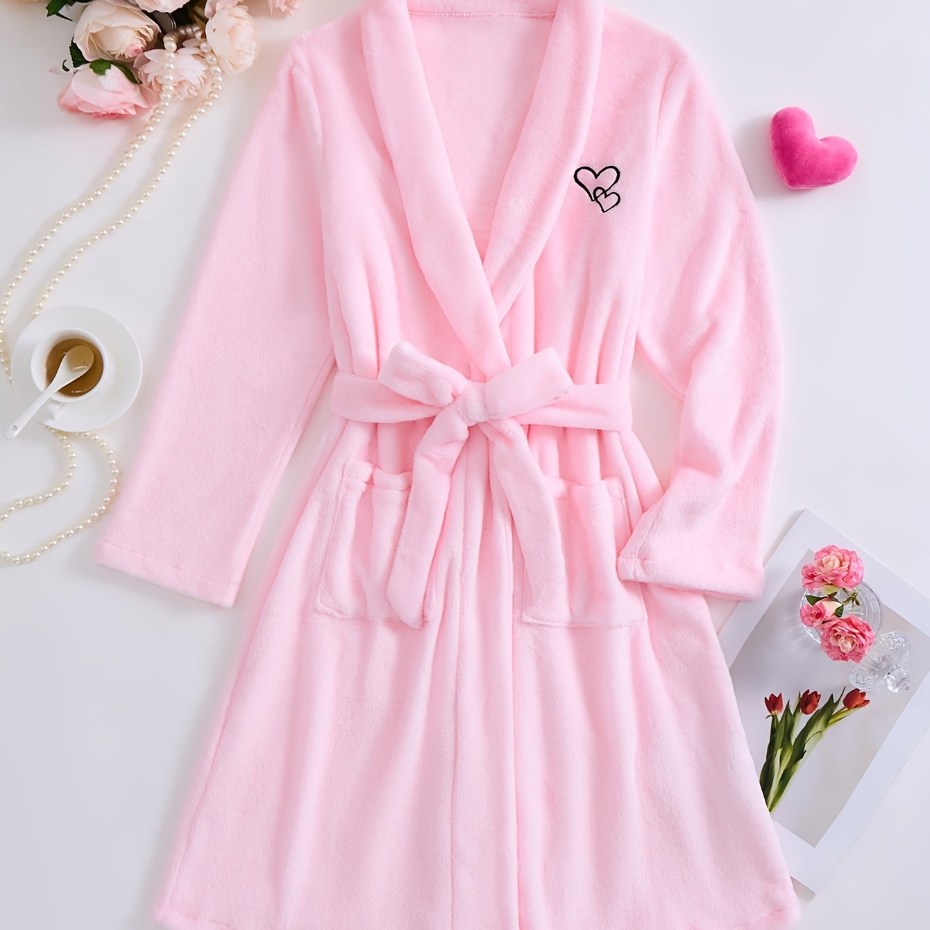 TEMU Women's Autumn/winter Pink Flannel Long-sleeve Two-pocket Heart Embroidery Embroidery Two-pocket Loungewear 2pcs Set Christmas Gift Warm And