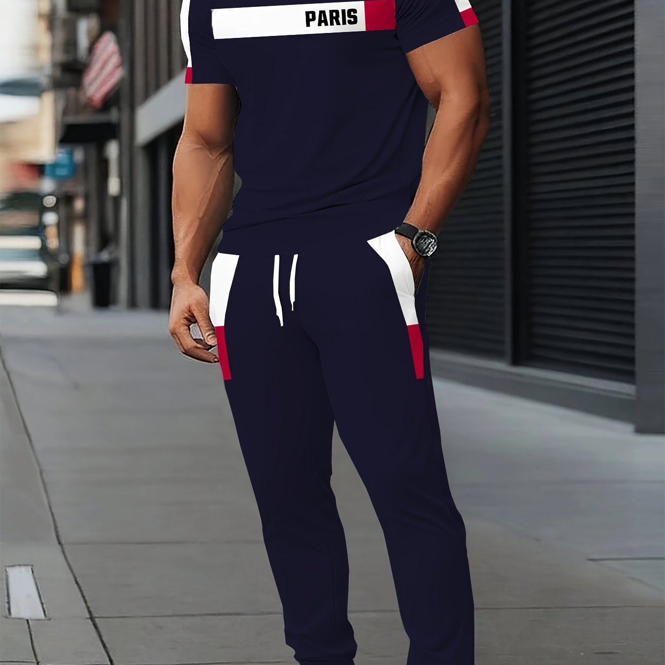 E-shop Paris-Serie Digitaldruck Herren Trendiges Freizeit-Mode-Set, cooles atmungsaktives Sport-Set mit kurzärmeligem Oberteil + langer Hose