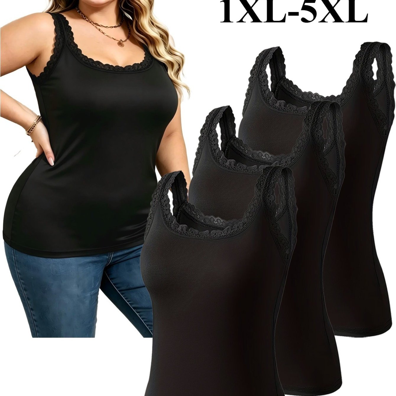 Image of Plus Size, 3pcs Women's Plus Size Lace Trim Camisole Tank Top, In Sizes 1xl-5xl, Combination, New Summer Style, Lightweight, Breathable, Soft, And Stretchy Base Layer Top, Elegant And Versatile