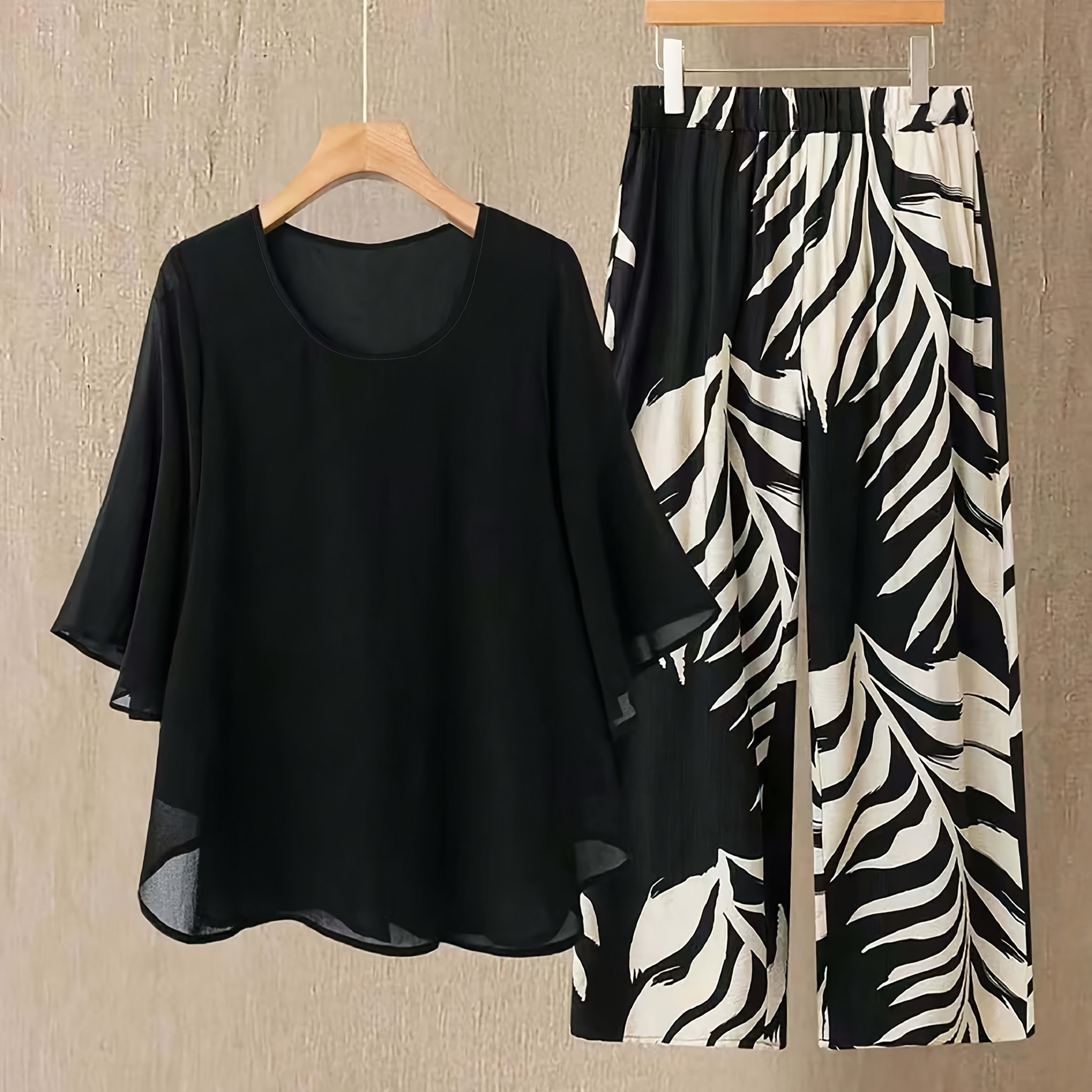 Plus Size, 2pcs Plus Size Women's Chiffon Batwing Sleeve Solid Color Elegant Loose Top And Botanical Print Pants