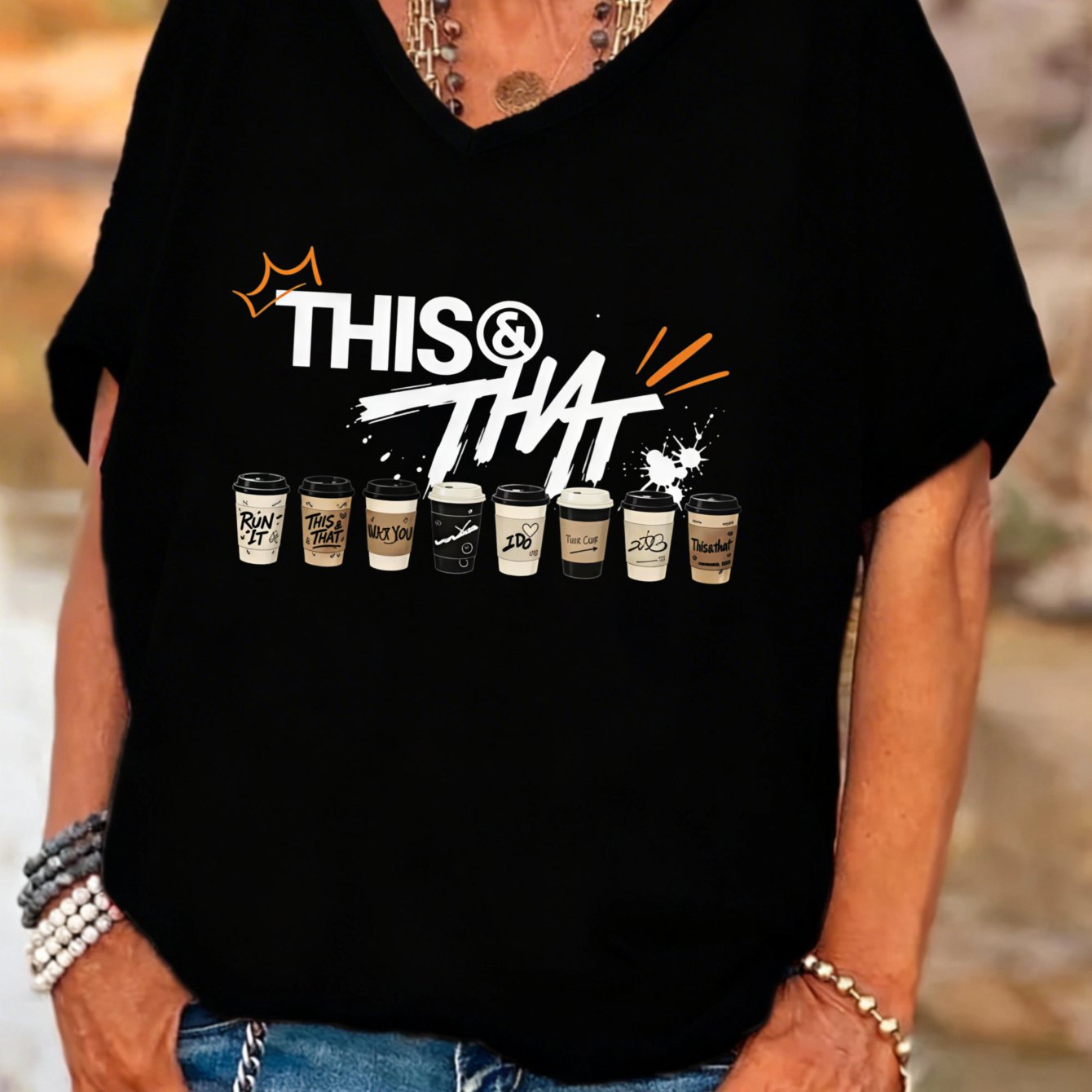 TEMU Plus Size, Casual Plus Size Women's V-neck Batwing Sleeves T-shirt Coffee Cups Graphic Print Summer Daily Wear Gift For Mom Wife Friend