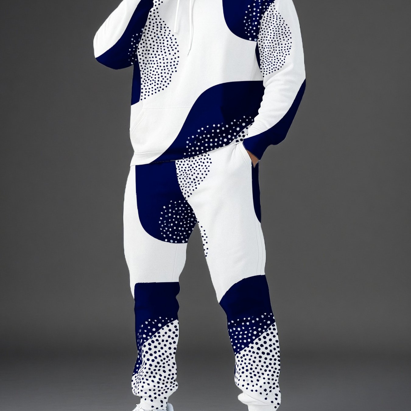 TEMU Men's Fashion Tracksuit Set White And Navy Abstract Print Hoodie And Pants Casual Sportswear Casual Attire And Workout