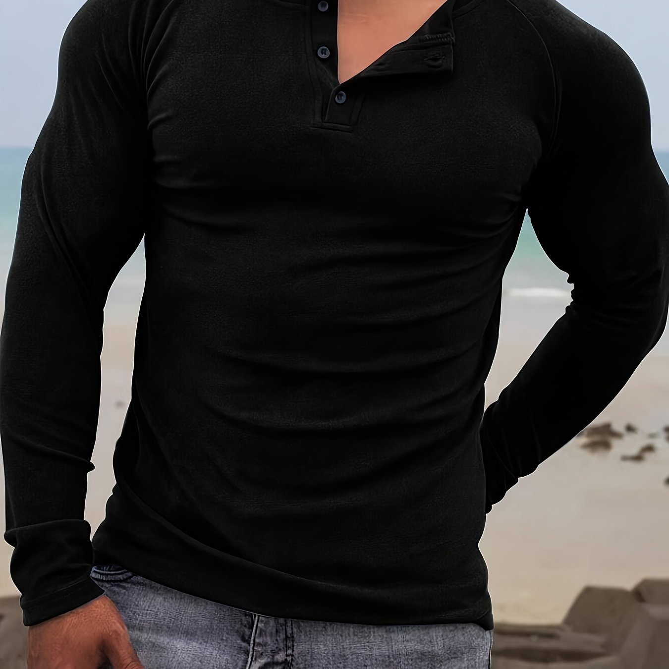 E-shop Herren Casual Henley T-Shirt mit Knopfleiste – Weiches, mittellastiges Langarm-Shirt in Unifarben mit Stehkragen, für alle Jahreszeiten &