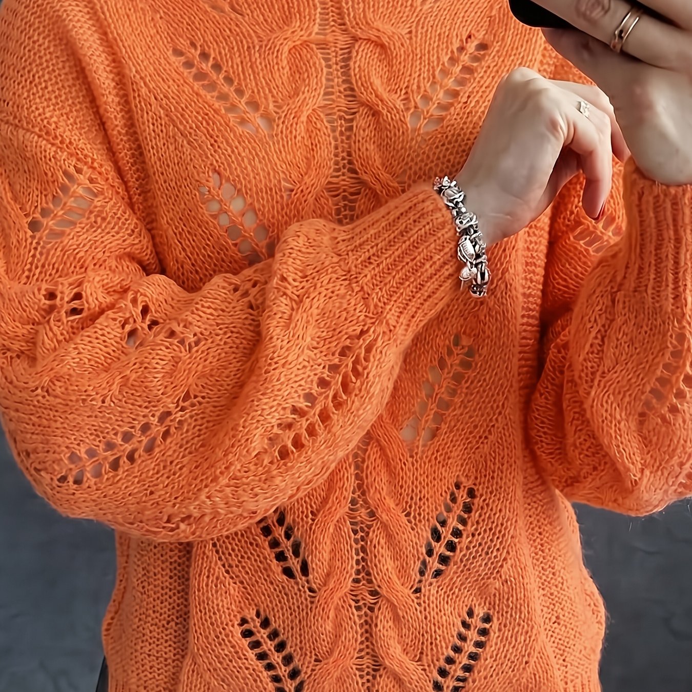 TEMU Asd1 Women's Semi-sheer Cable Sweater - Loose Fit Openwork Pullover With Crew Neck, Medium Stretch Sweater Suitable For Daily , Vacation, Dates,